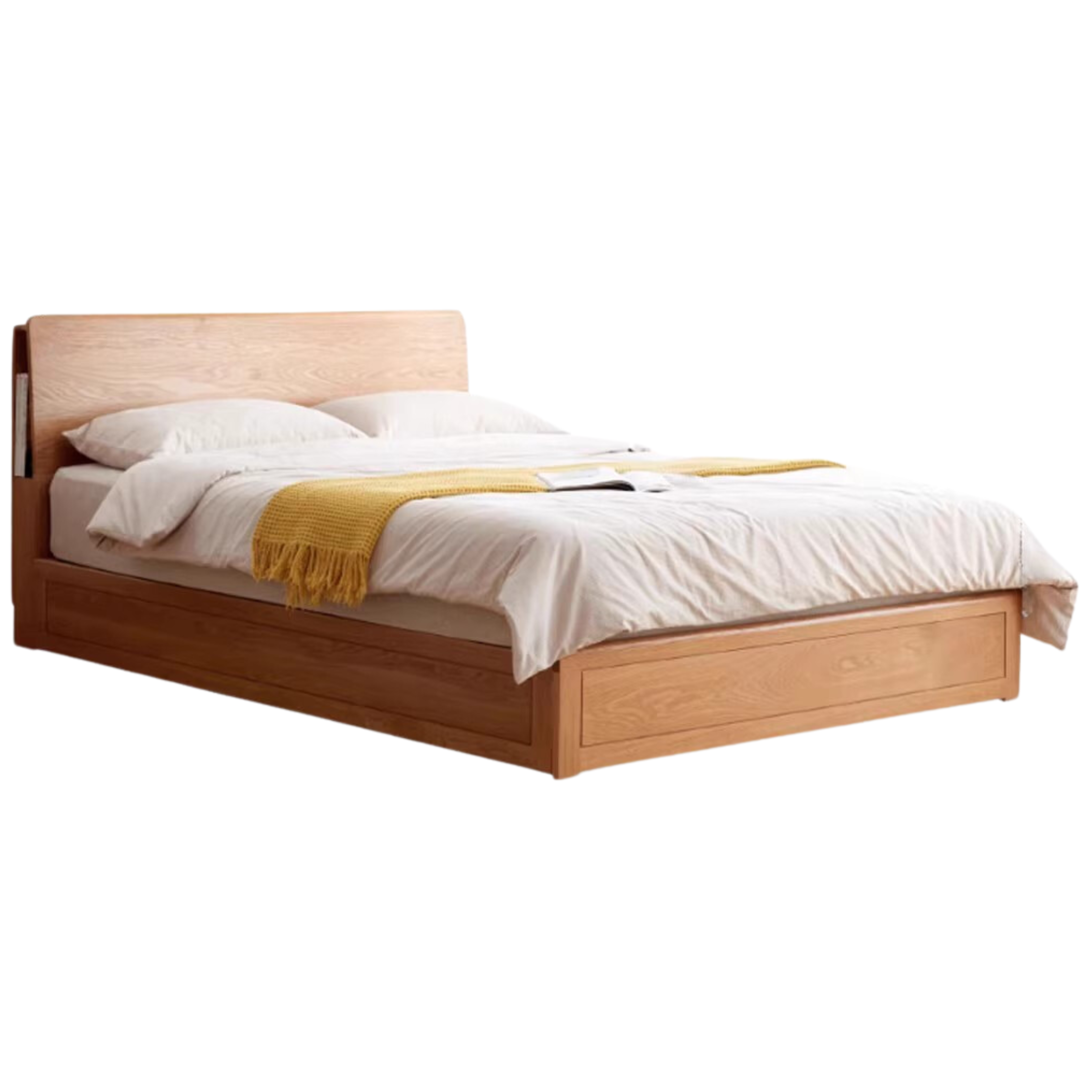 Oak Solid Wood Box Bed with Light And Bookshelf