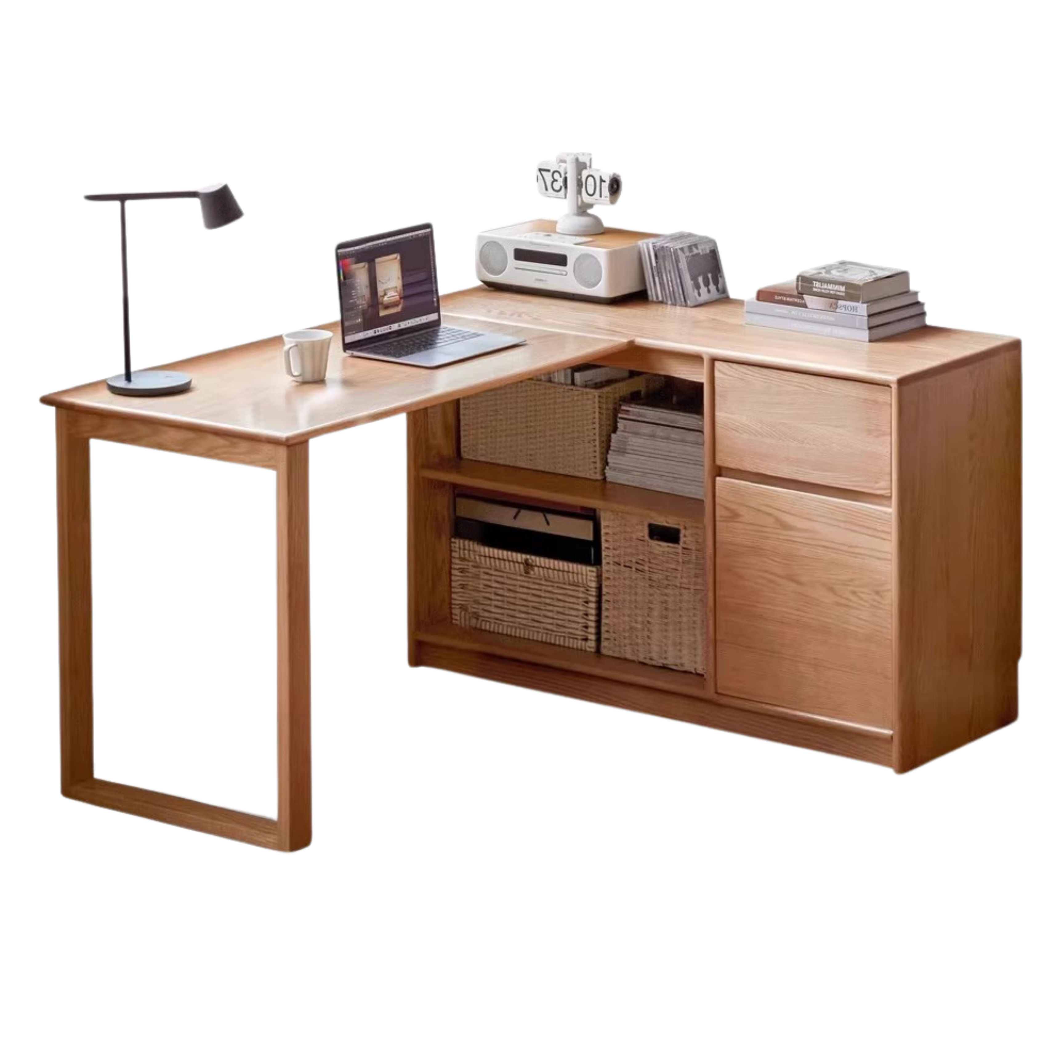 Oak Solid Wood Desk Bookcase Integrated Corner Office Table