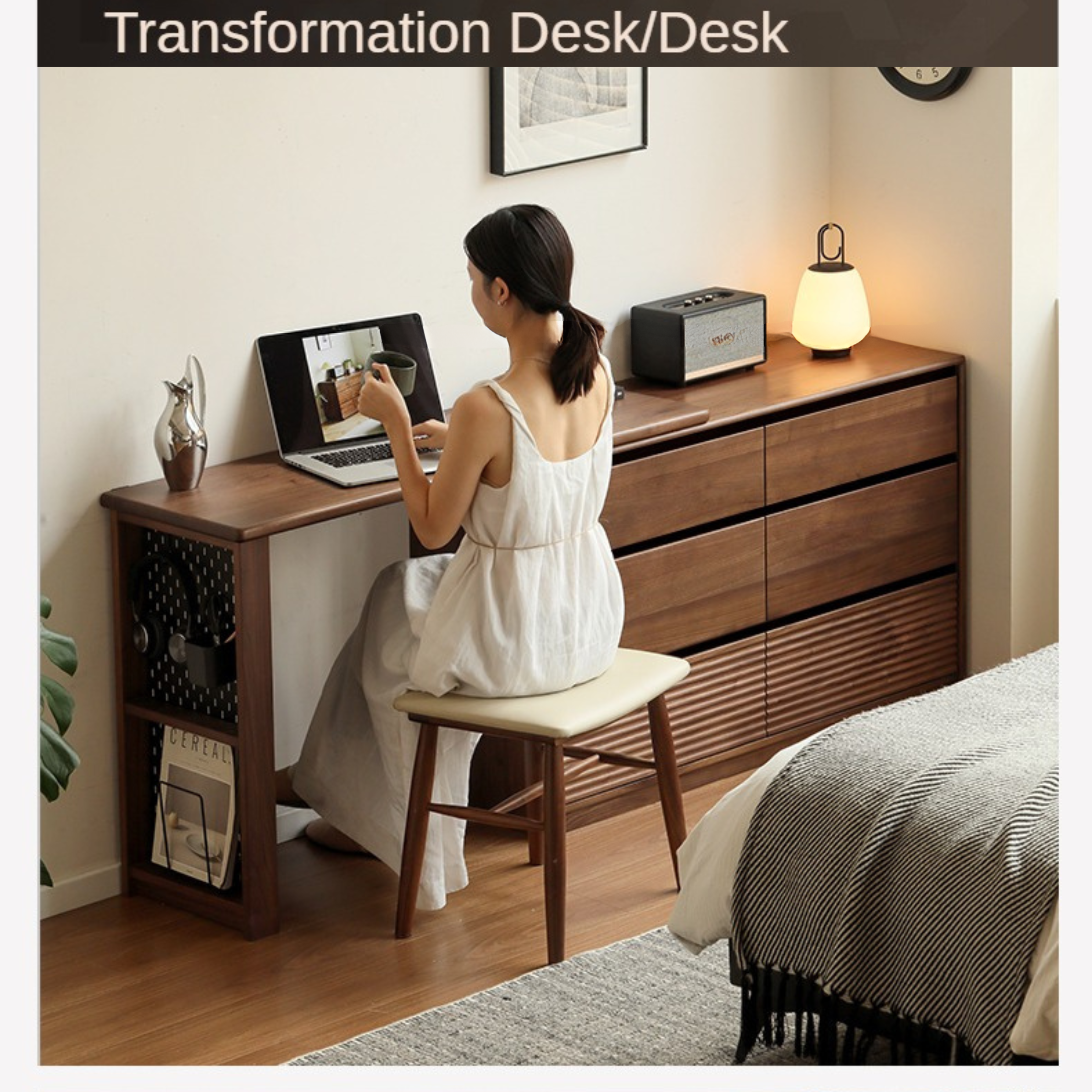 Black Walnut, Sandawood Light Luxury Retractable Vanity Table.