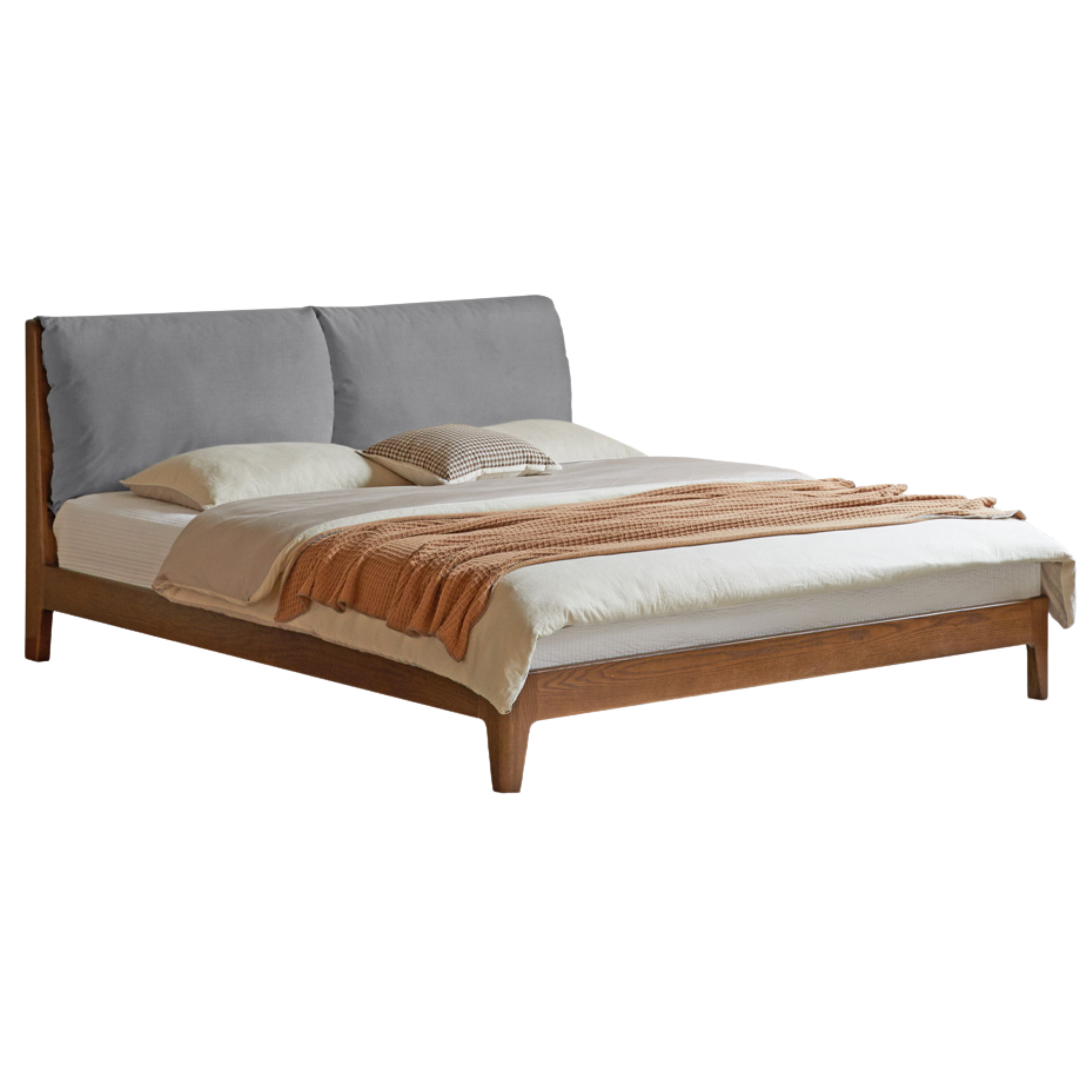 Oak Solid Wood Bed with Simple Fabric Upholstered Headboard