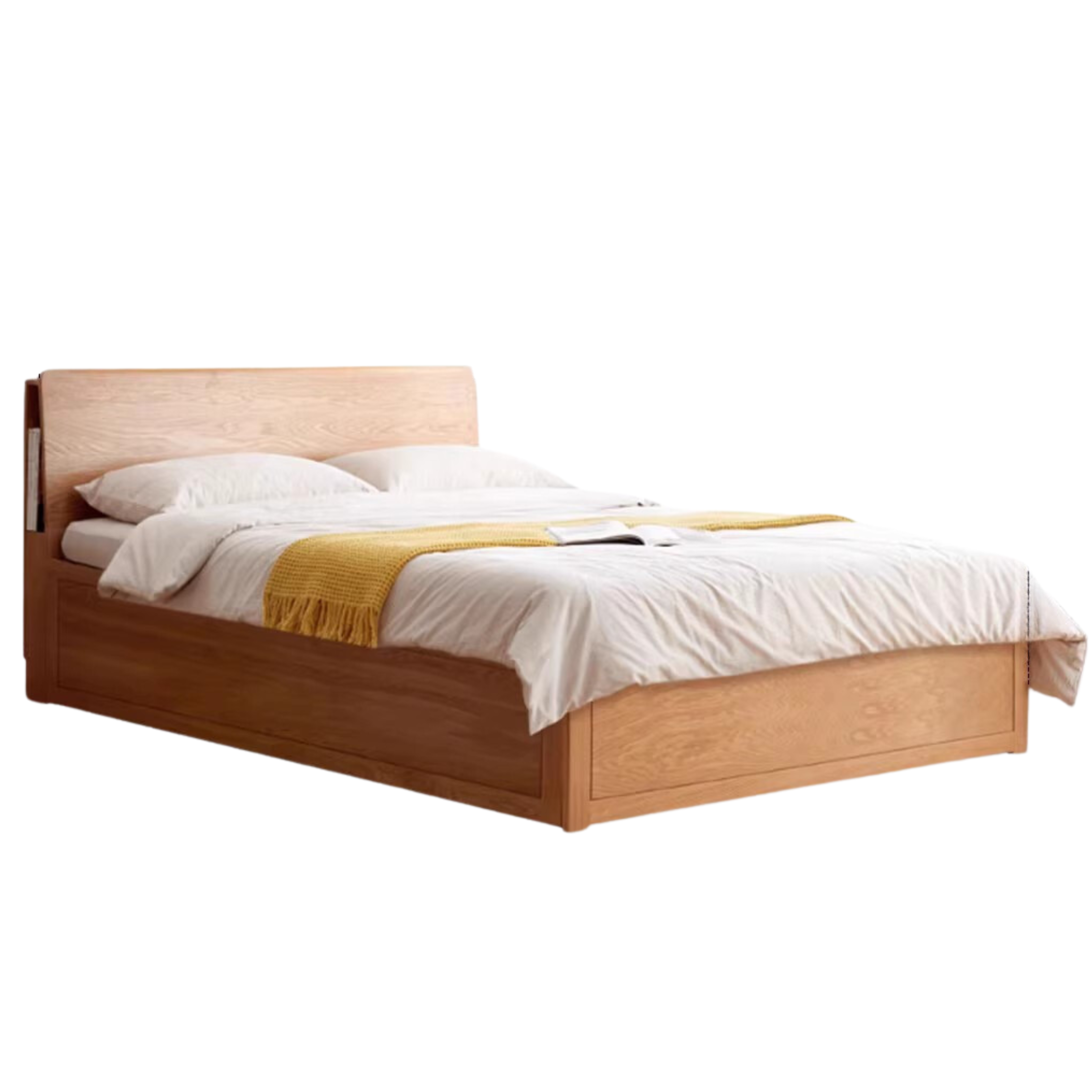 Oak Solid Wood Box Bed with Light And Bookshelf