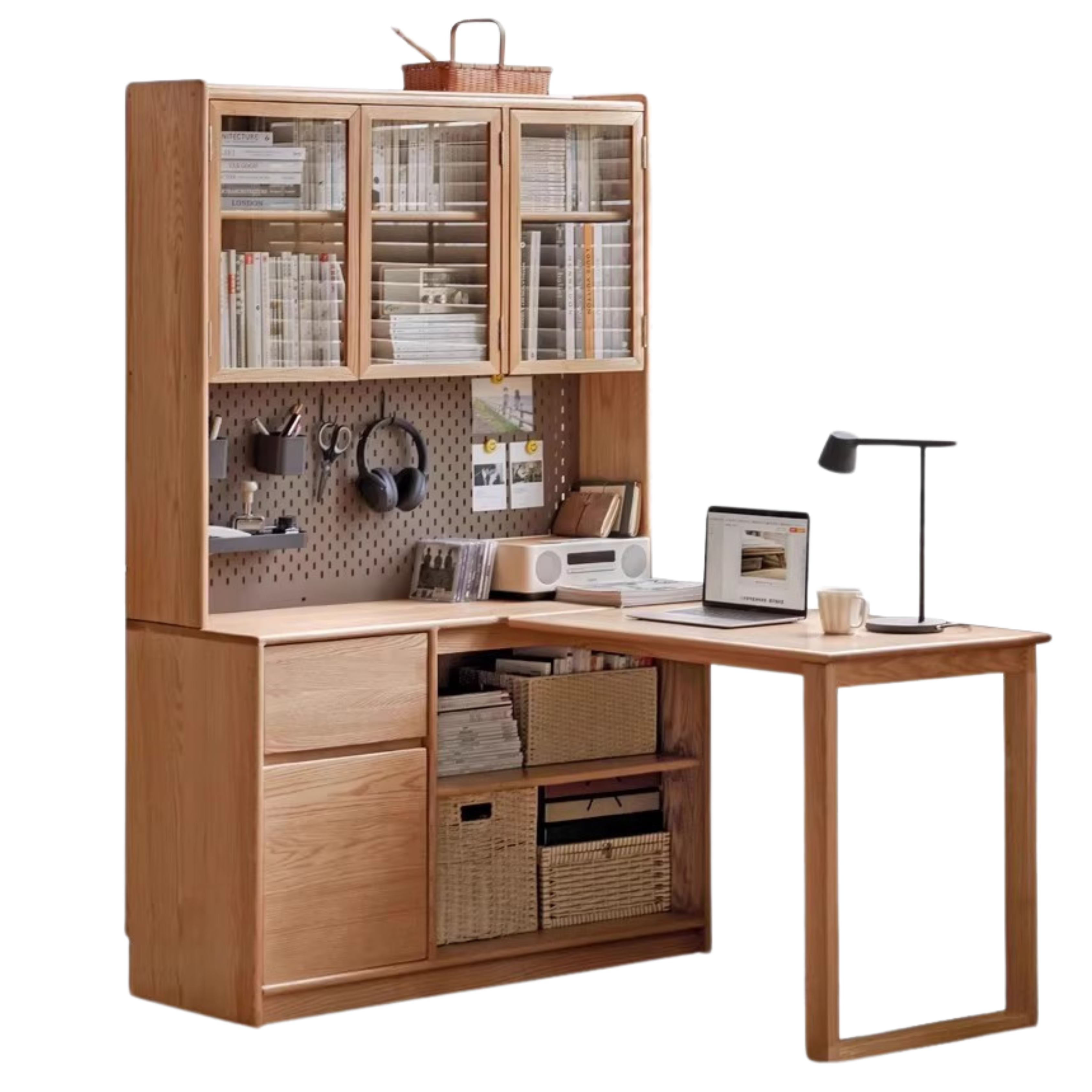 Oak Solid Wood Desk Bookcase Integrated Corner Office Table