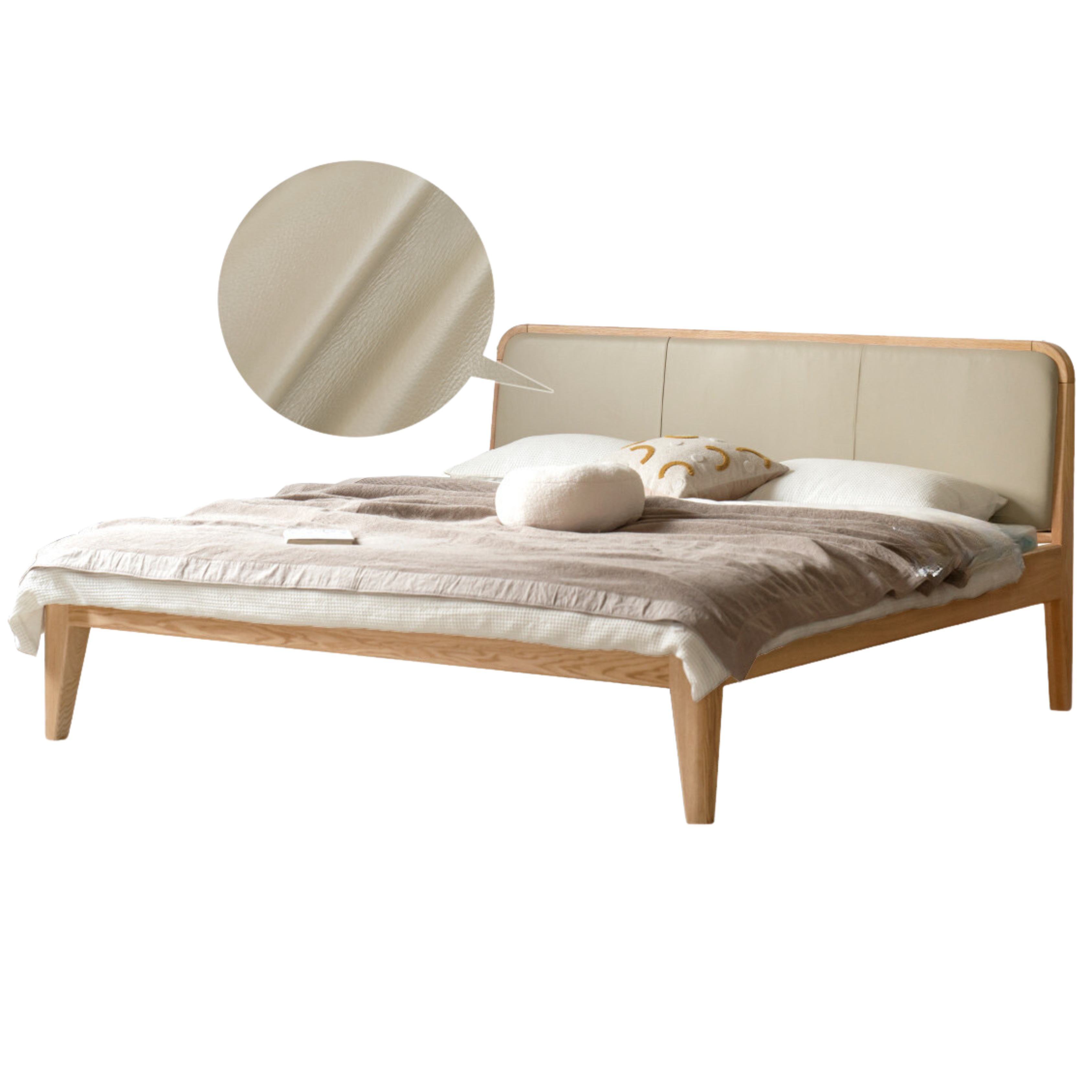 Oak Solid Wood Bed Modern Genuine Leather,Technology Cloth, Fabric