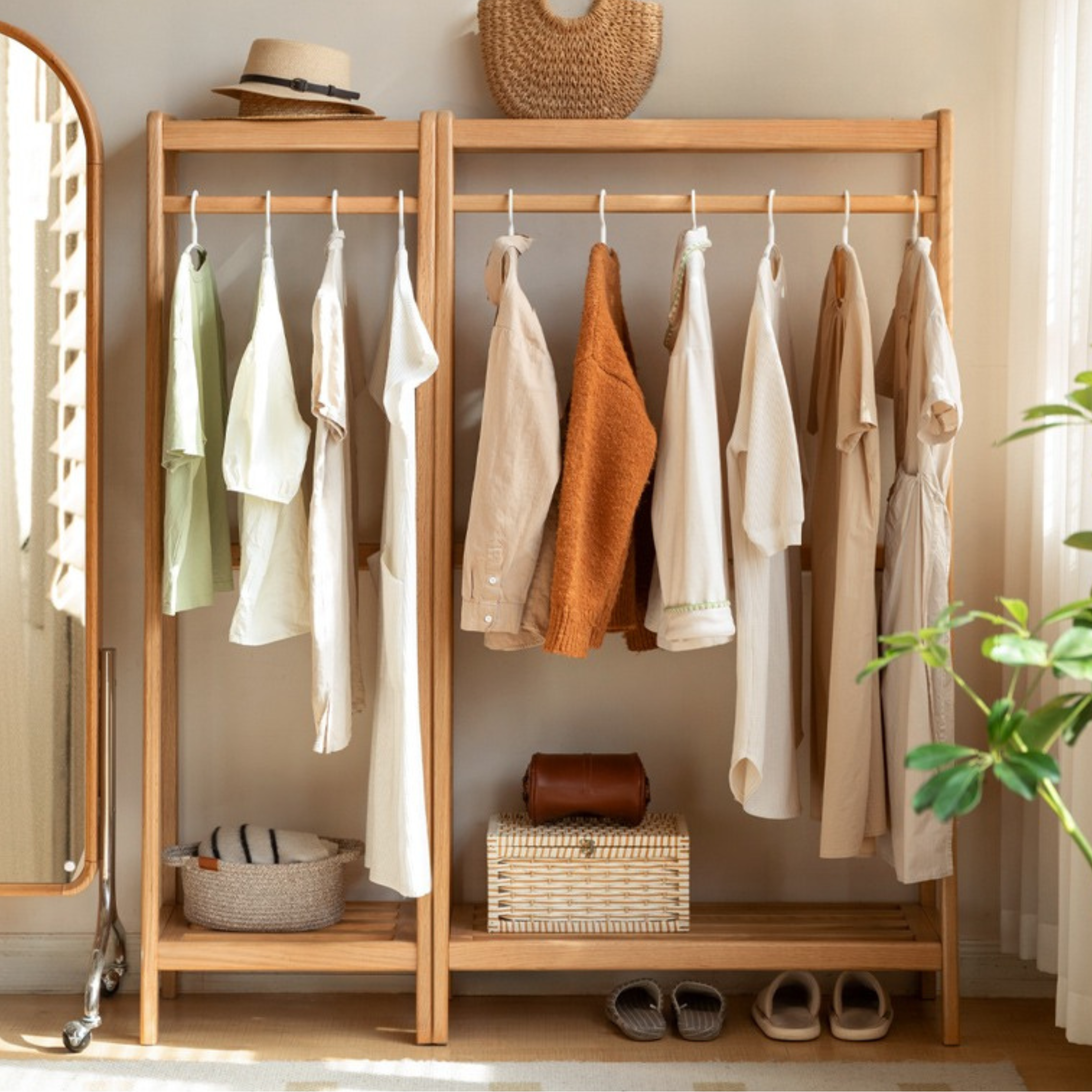 Oak, Ash solid wood hanger for small bedroom floor standing storage rack