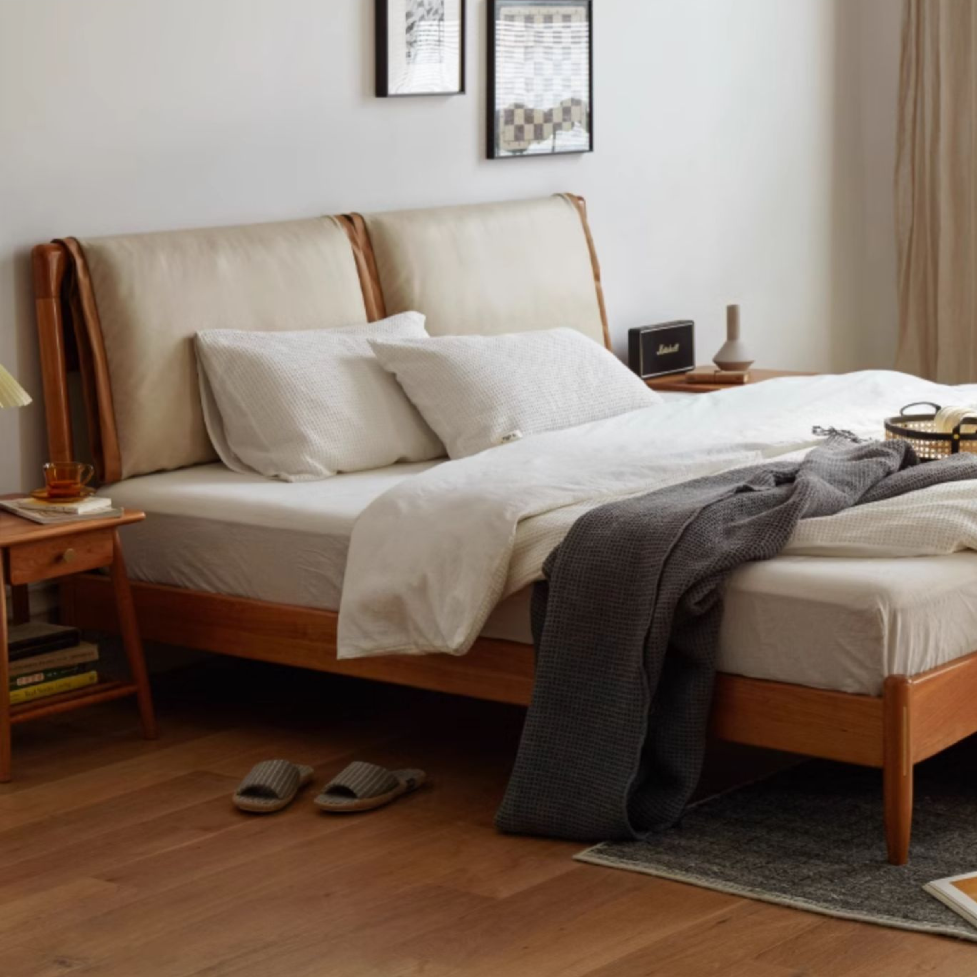 Cherry solid wood technology cloth soft back bed retro style