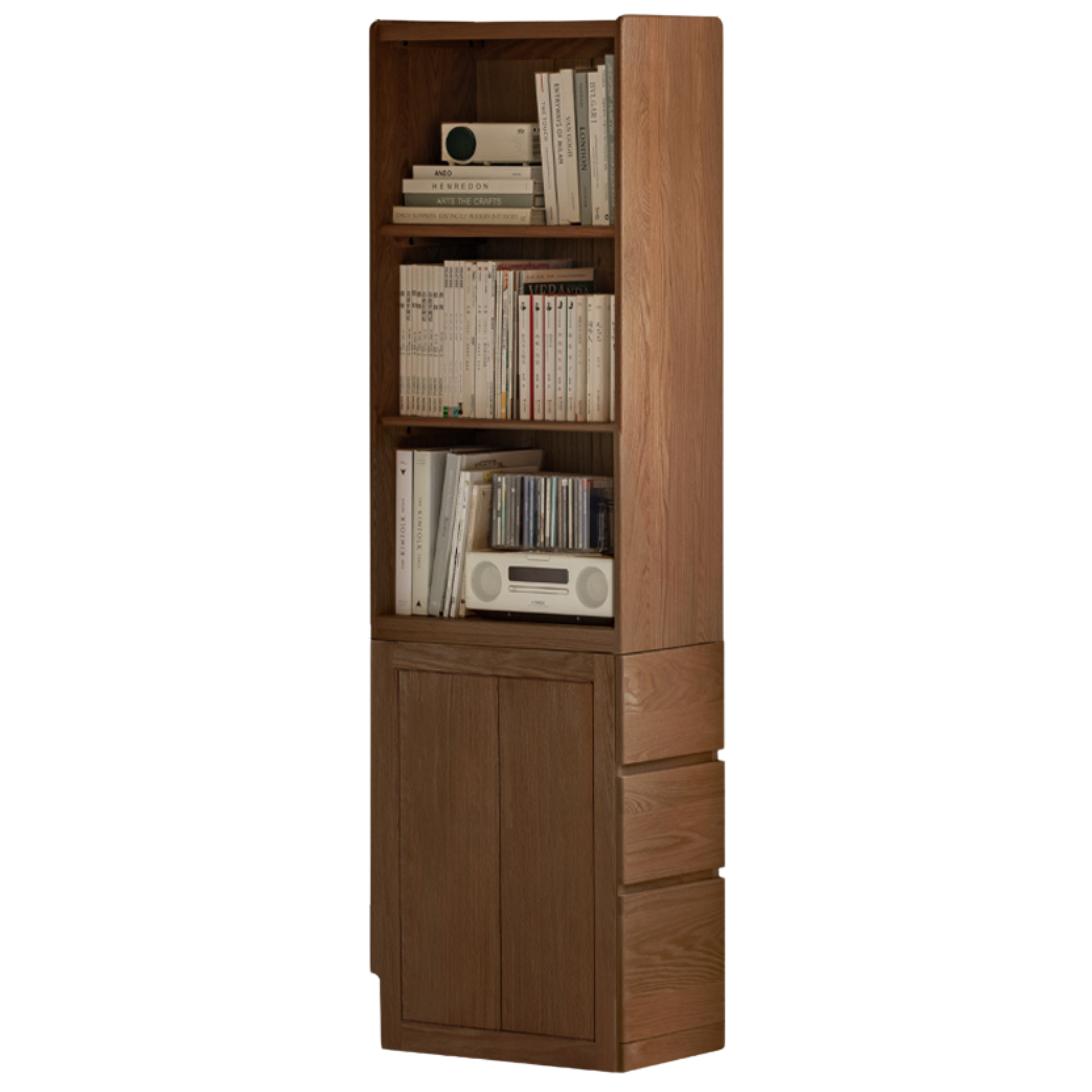 Oak Solid Wood, Solid Rubberwood Bookcase, Floor-Standing Storage Cabinet
