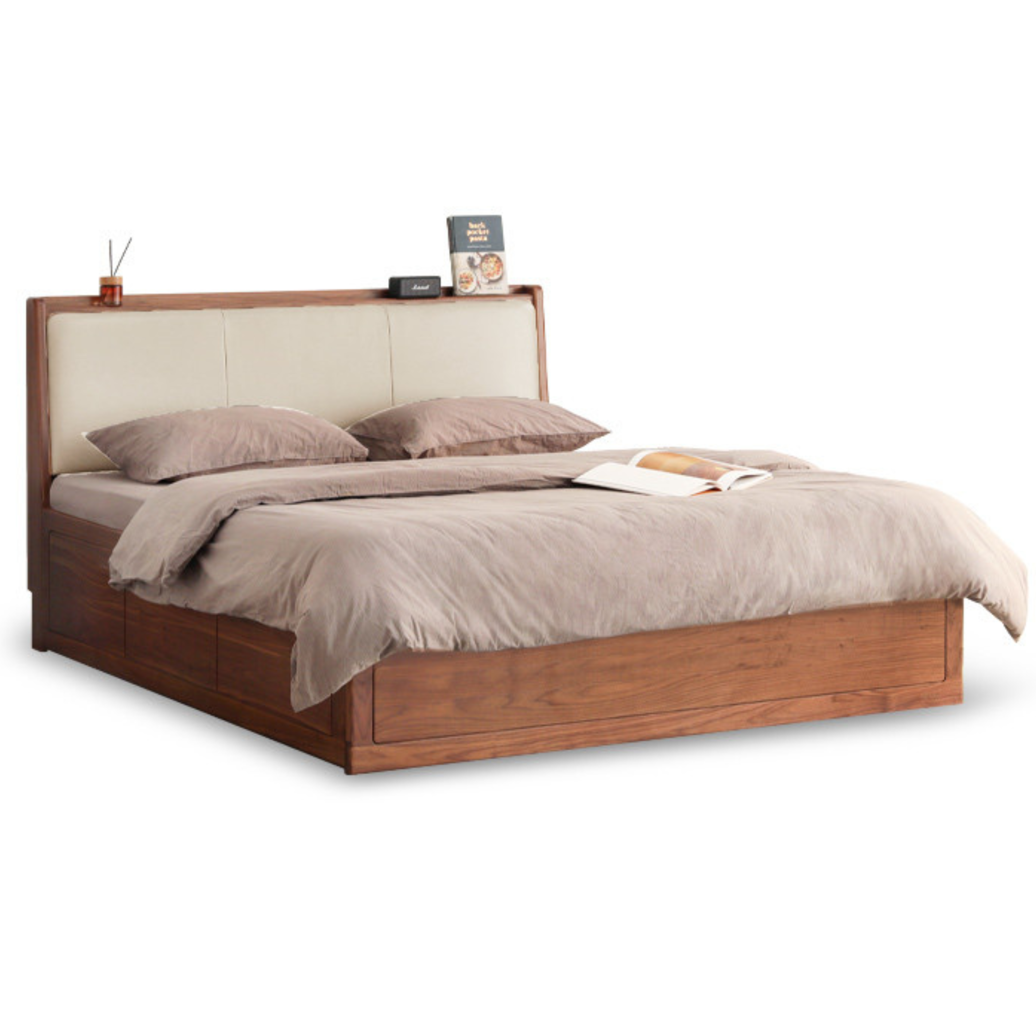 Black Walnut Solid Wood leather soft Drawer Box Bed Nordic