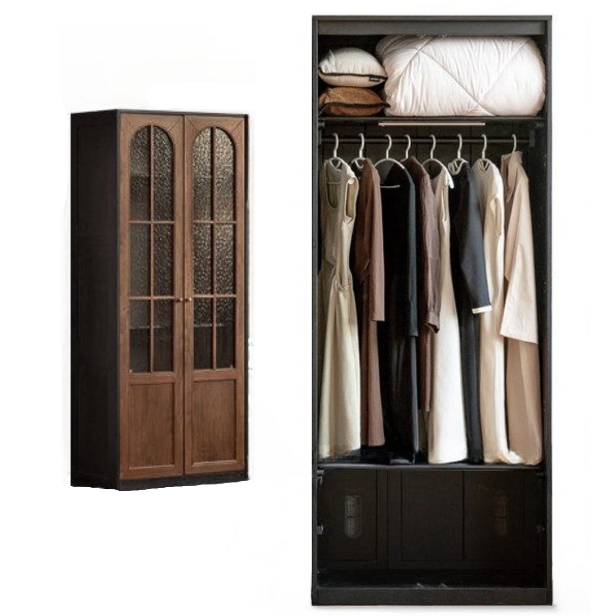 Black Walnut Solid Wood Wardrobe with Arched Textured Glass Doors