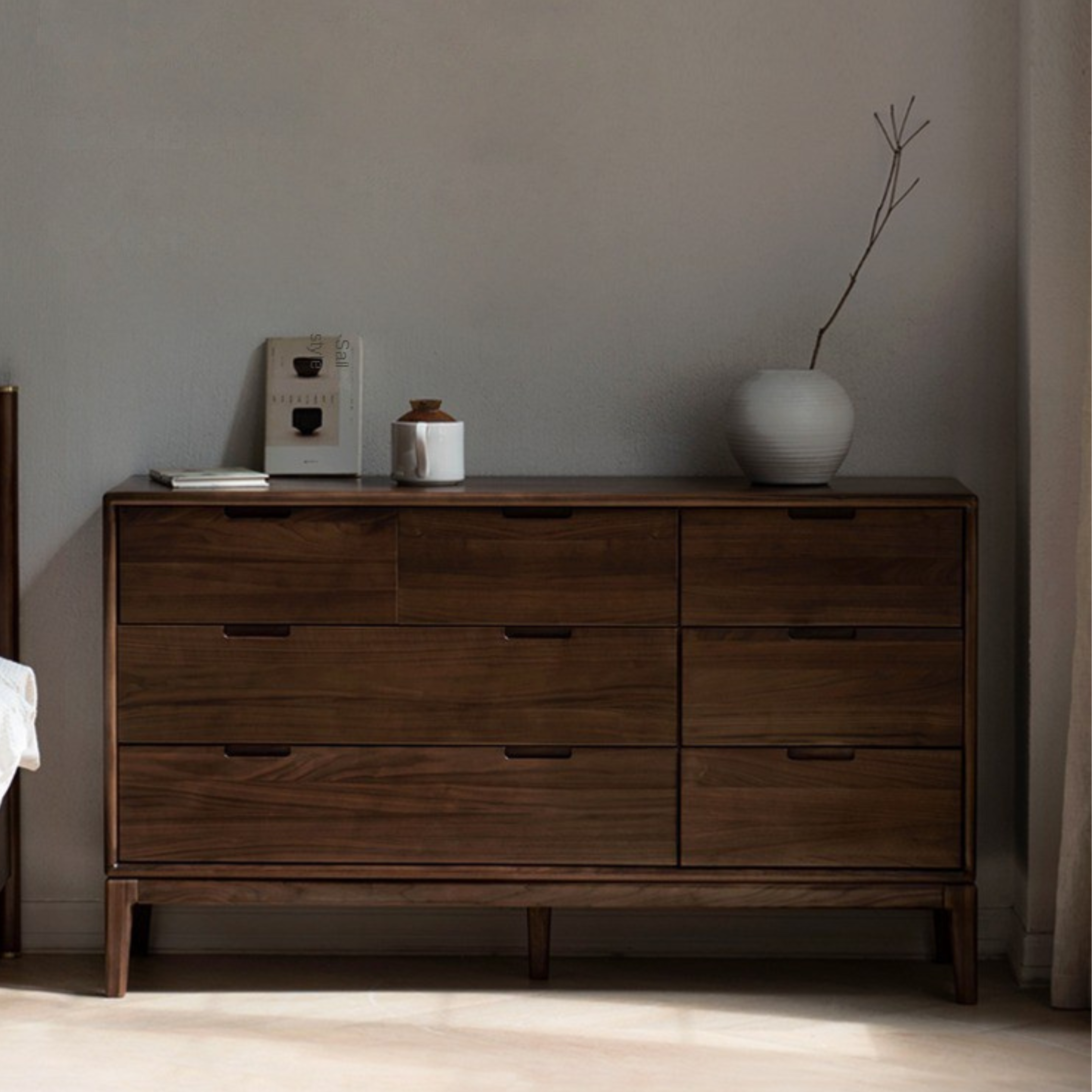 Ash Solid Wood Storage Cabinet Against the Wall