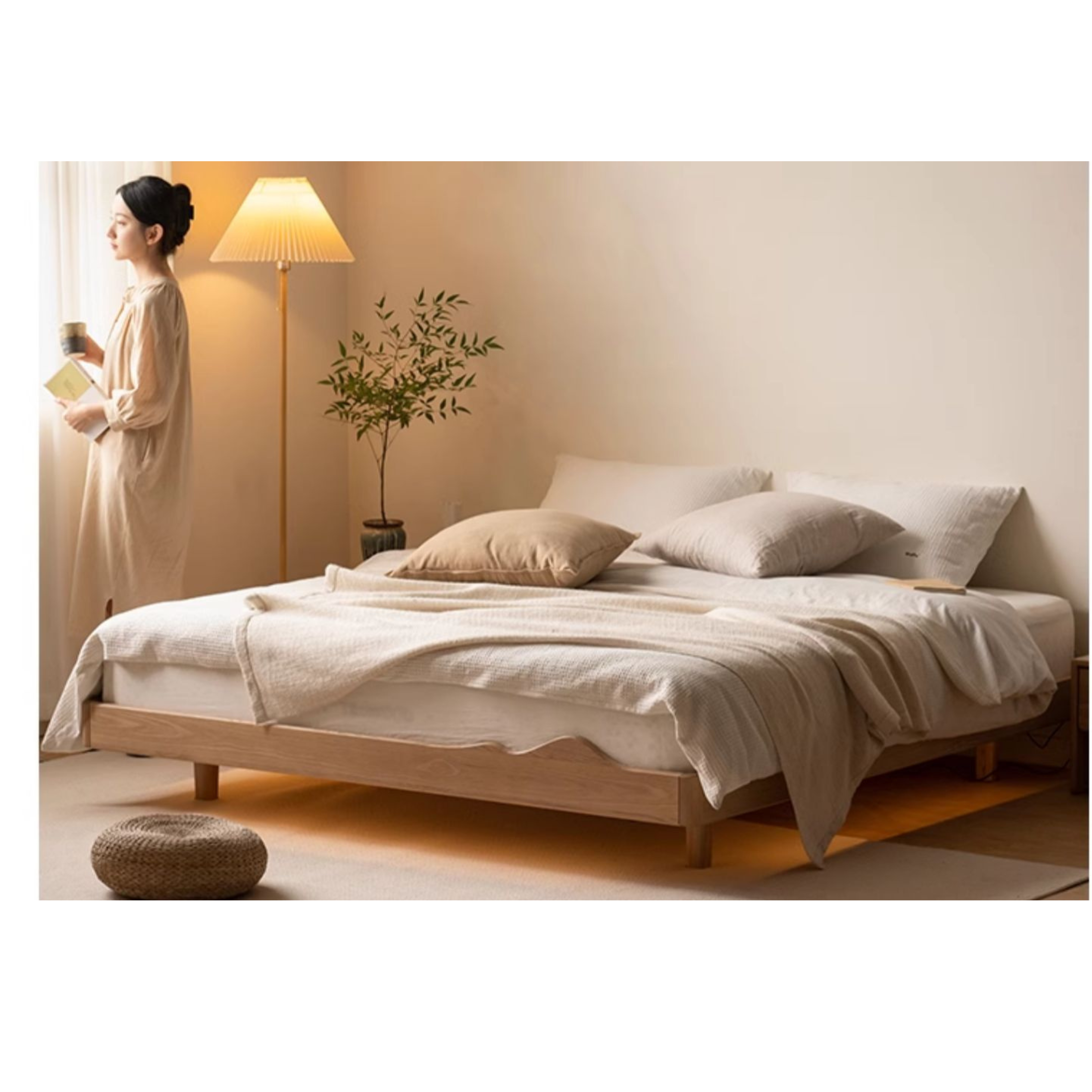 Ash Solid Wood Suspended Platform Bed, Headboard-Free Bed