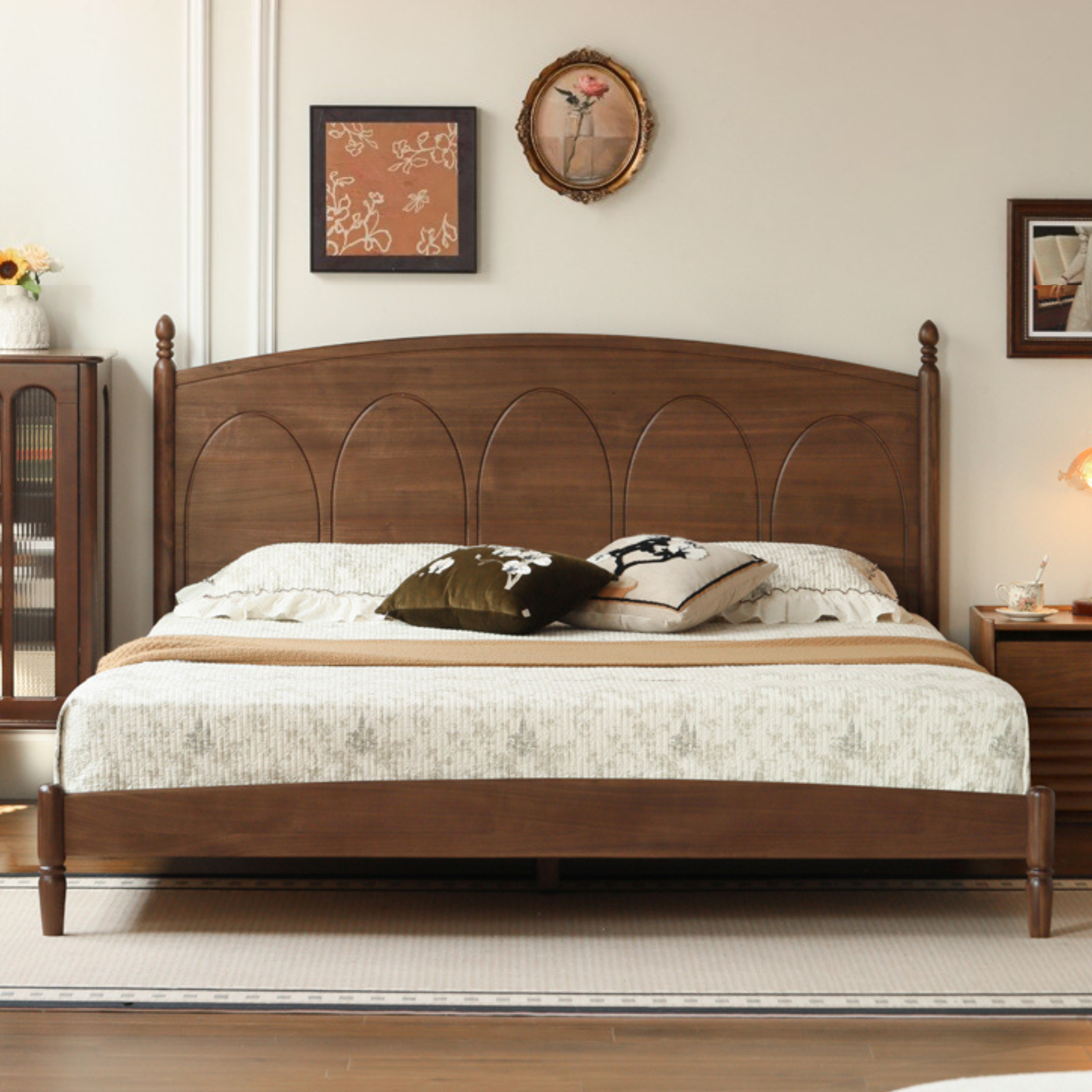 Black Walnut, Poplar Solid Wood Big Bed Retro French