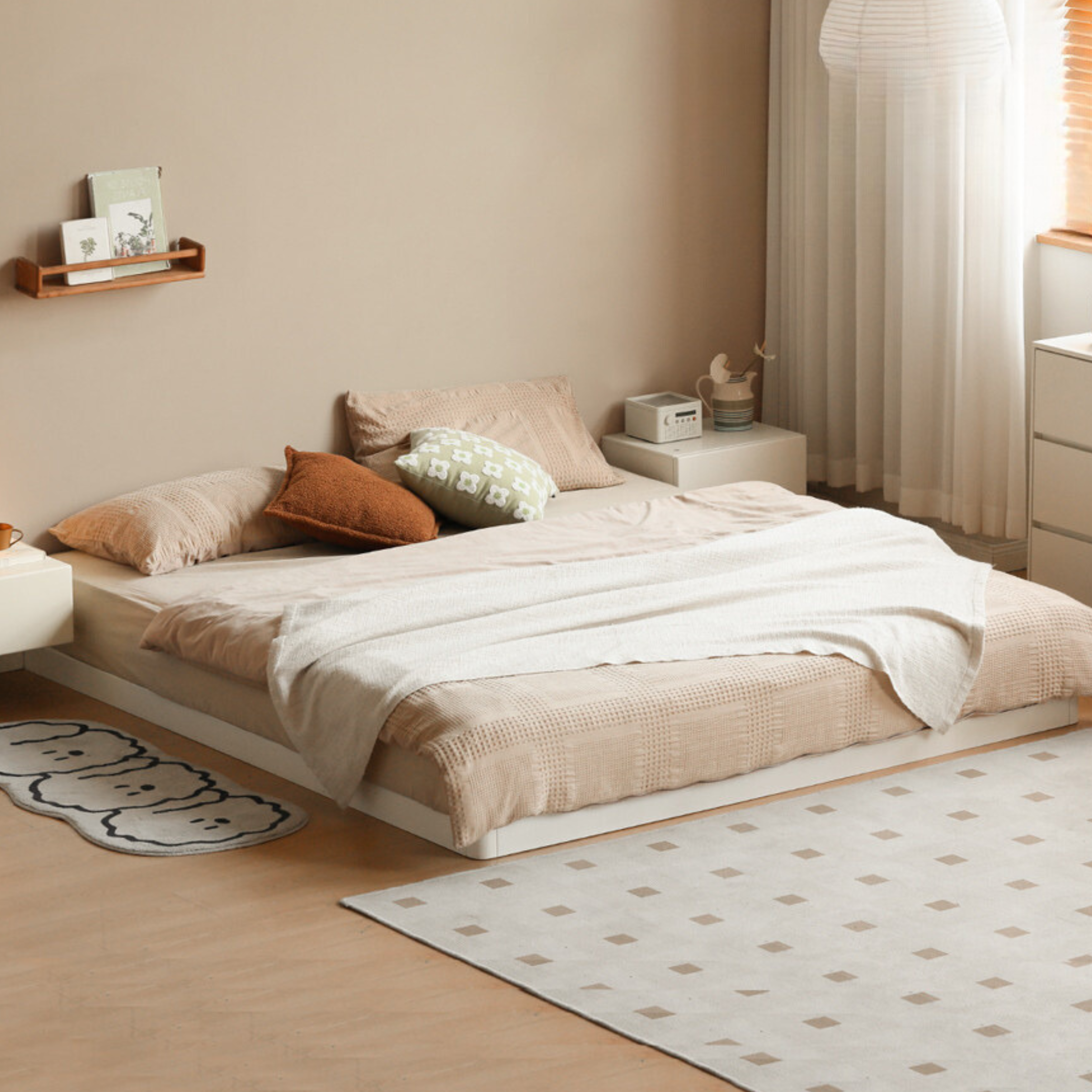 Birch solid wood platform bed, headboard-free bed floor bed cream style