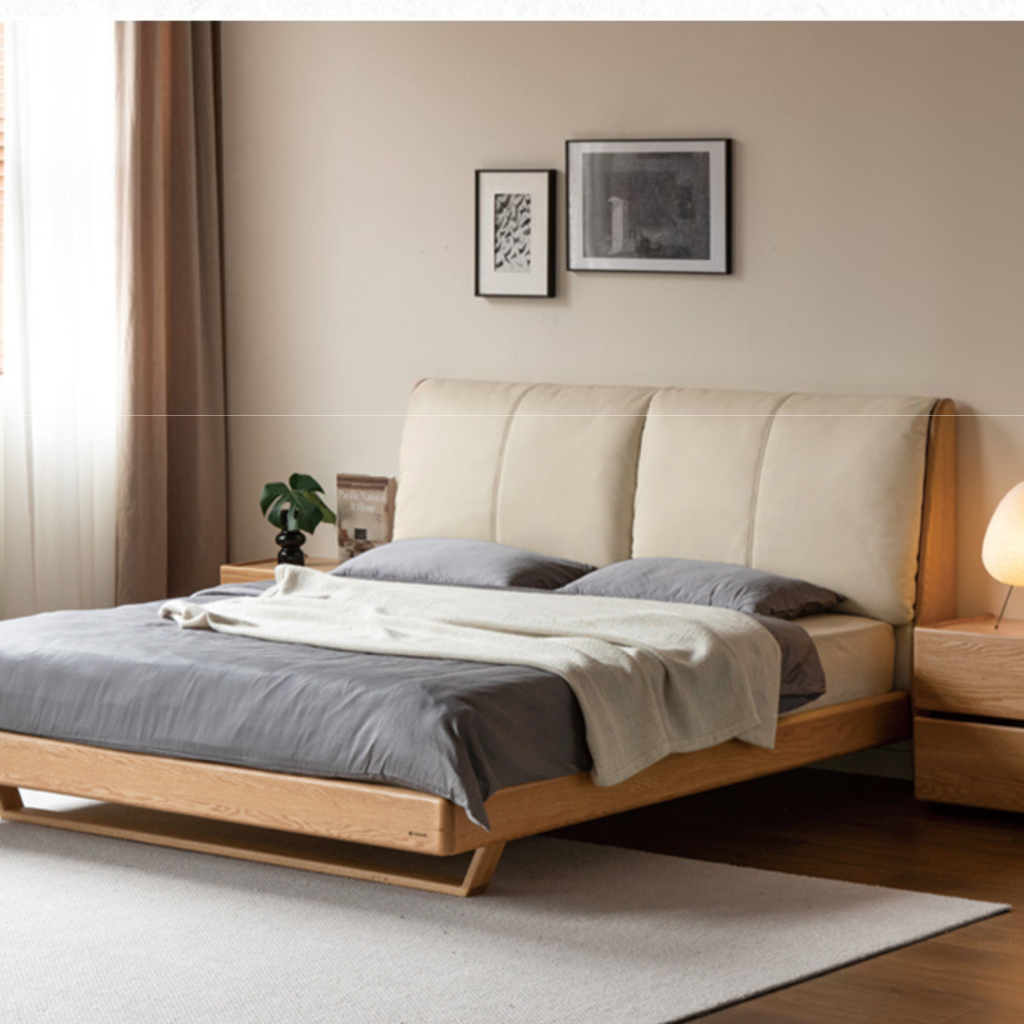 Oak, Ash Solid Wood Leather Soft Suspended Bed Italian Light Luxury