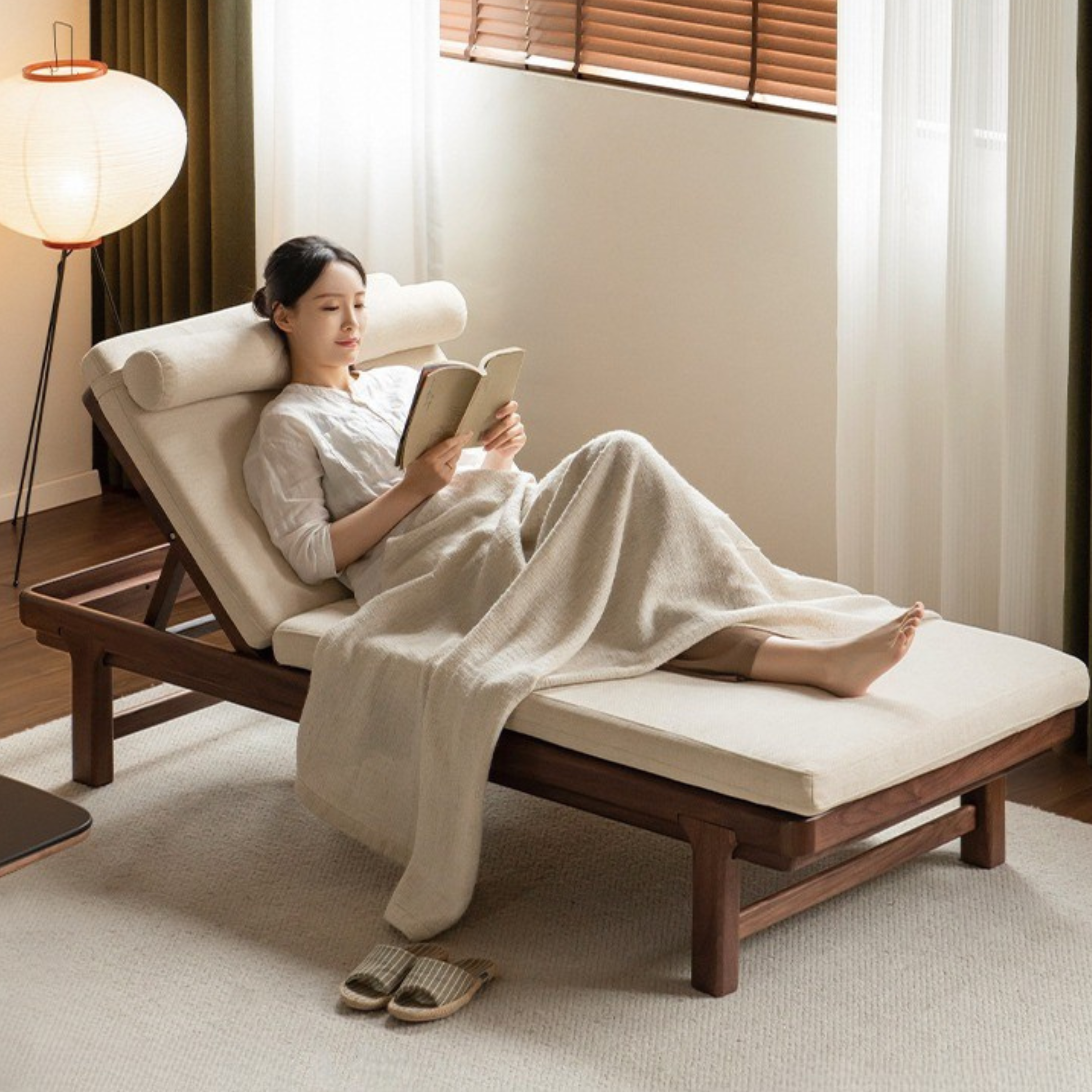 Black Walnut Solid Wood Longue Single Leisure Sofa Bed