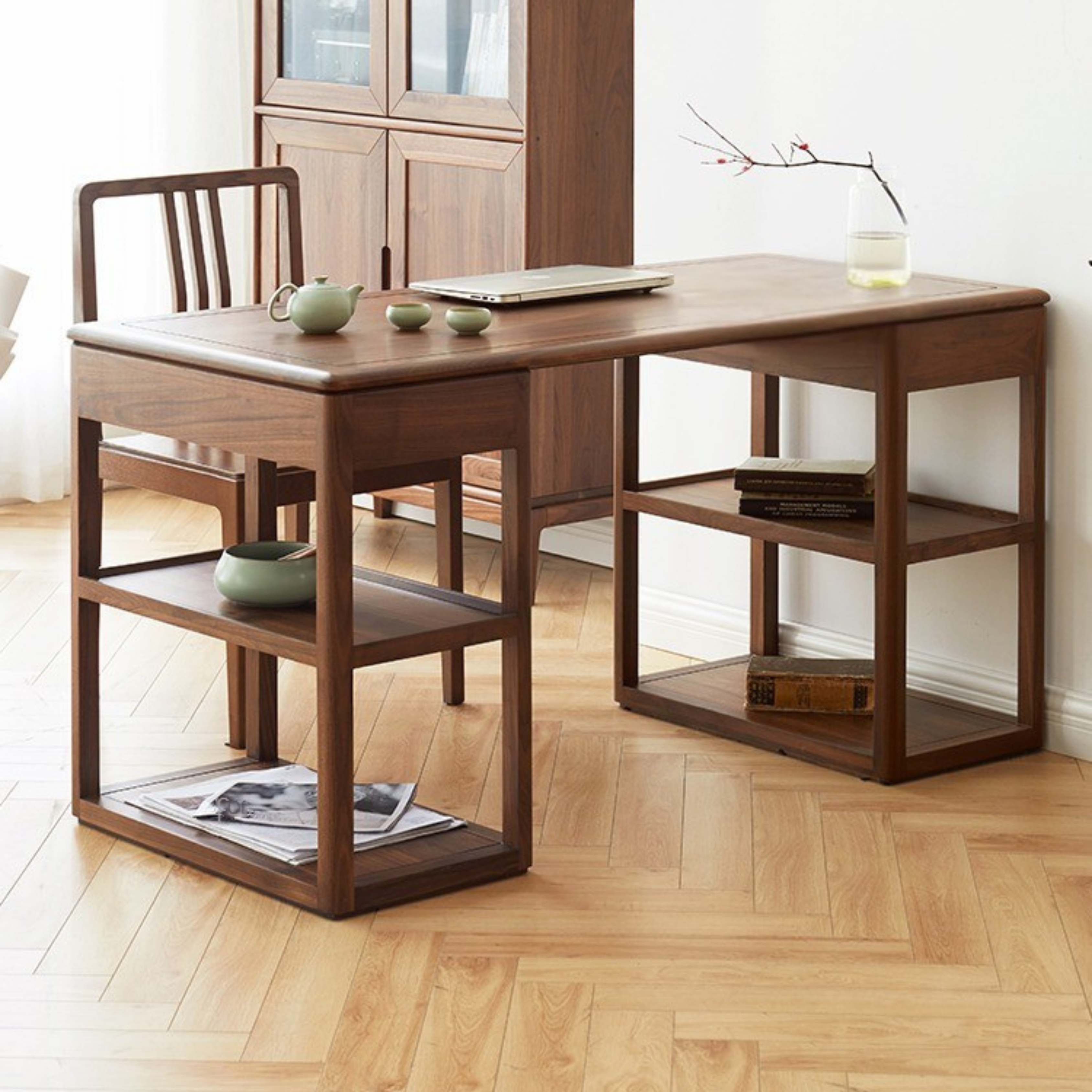 Black Walnut Solid Wood Dining Chair with Backrest 4pcs