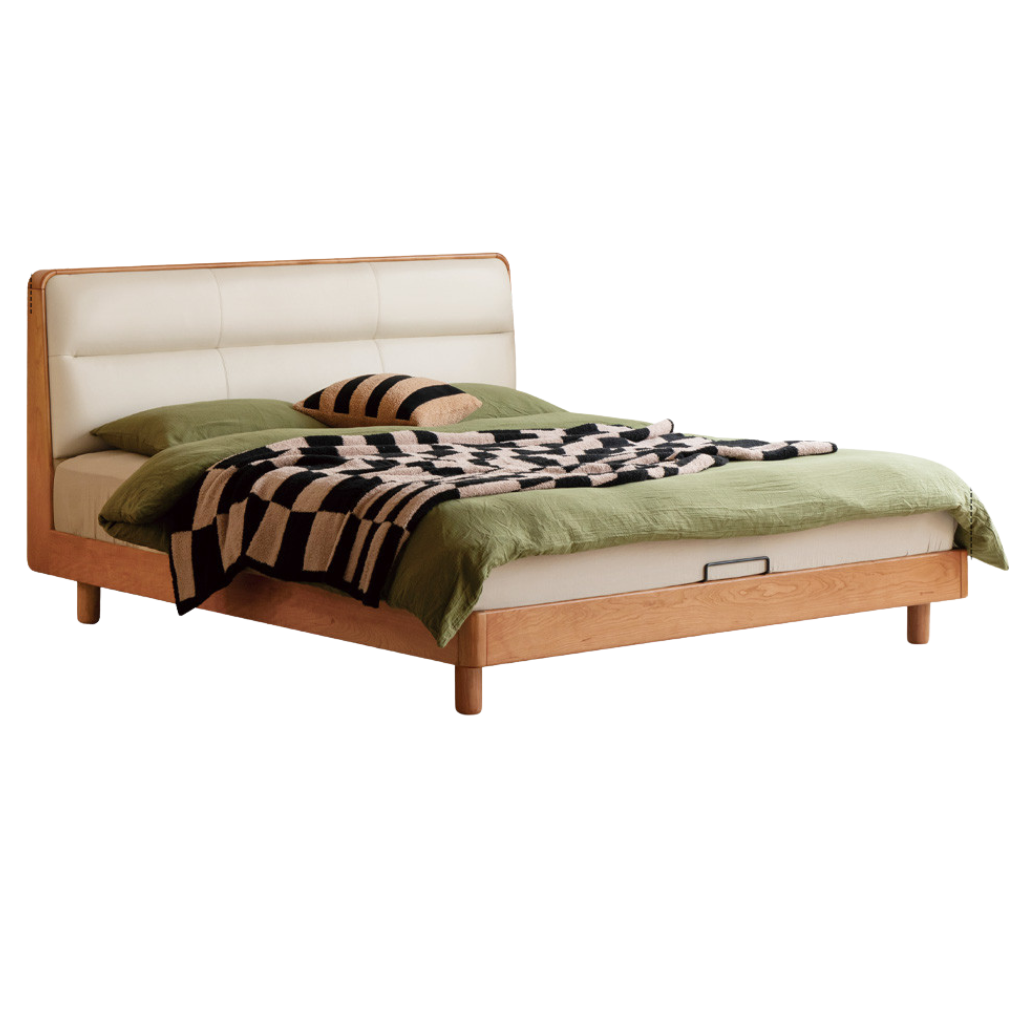 Cherry Solid Wood Bed with Retro Edge and Soft Headboard