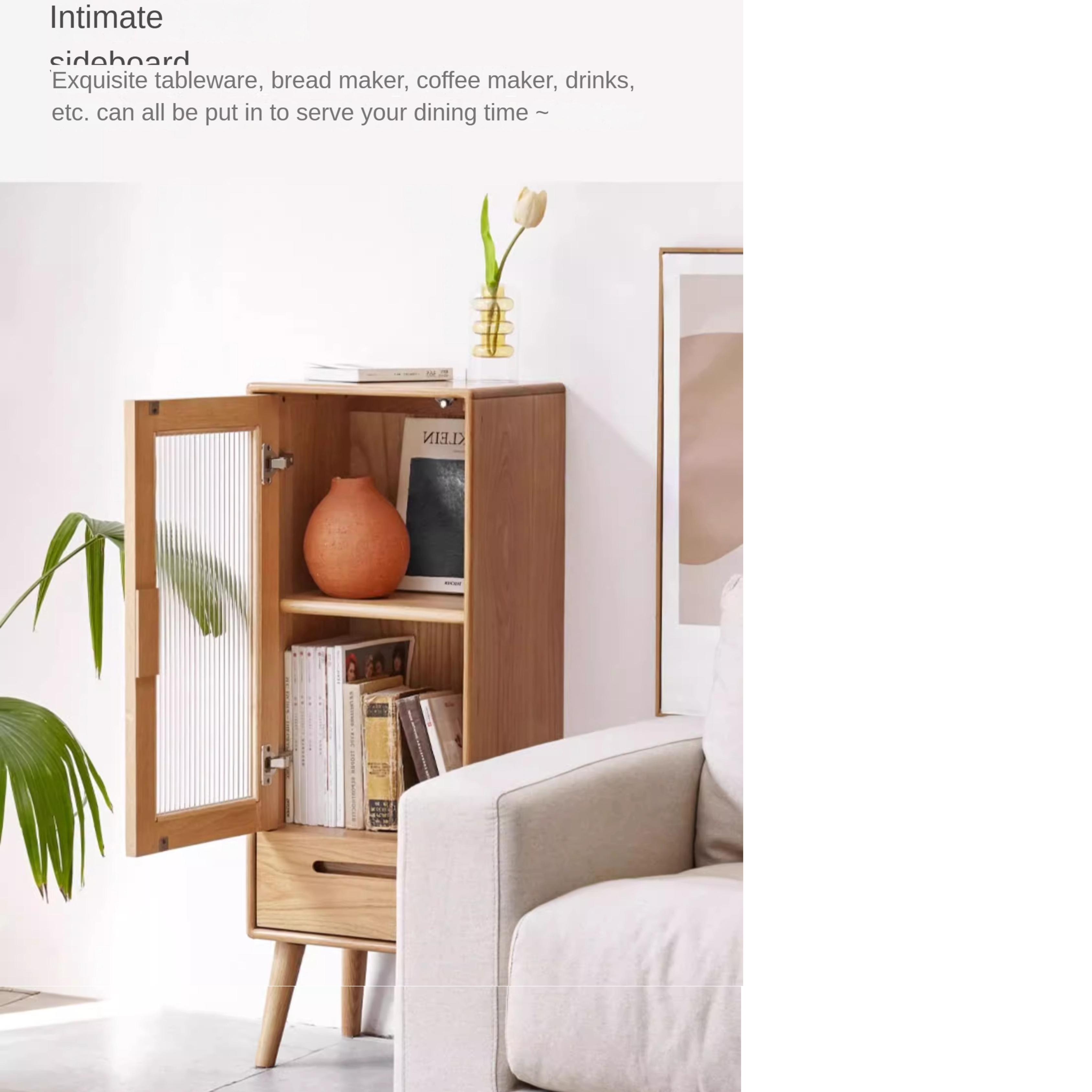 Oak Solid Wood Glass Door Display Side Cabinet