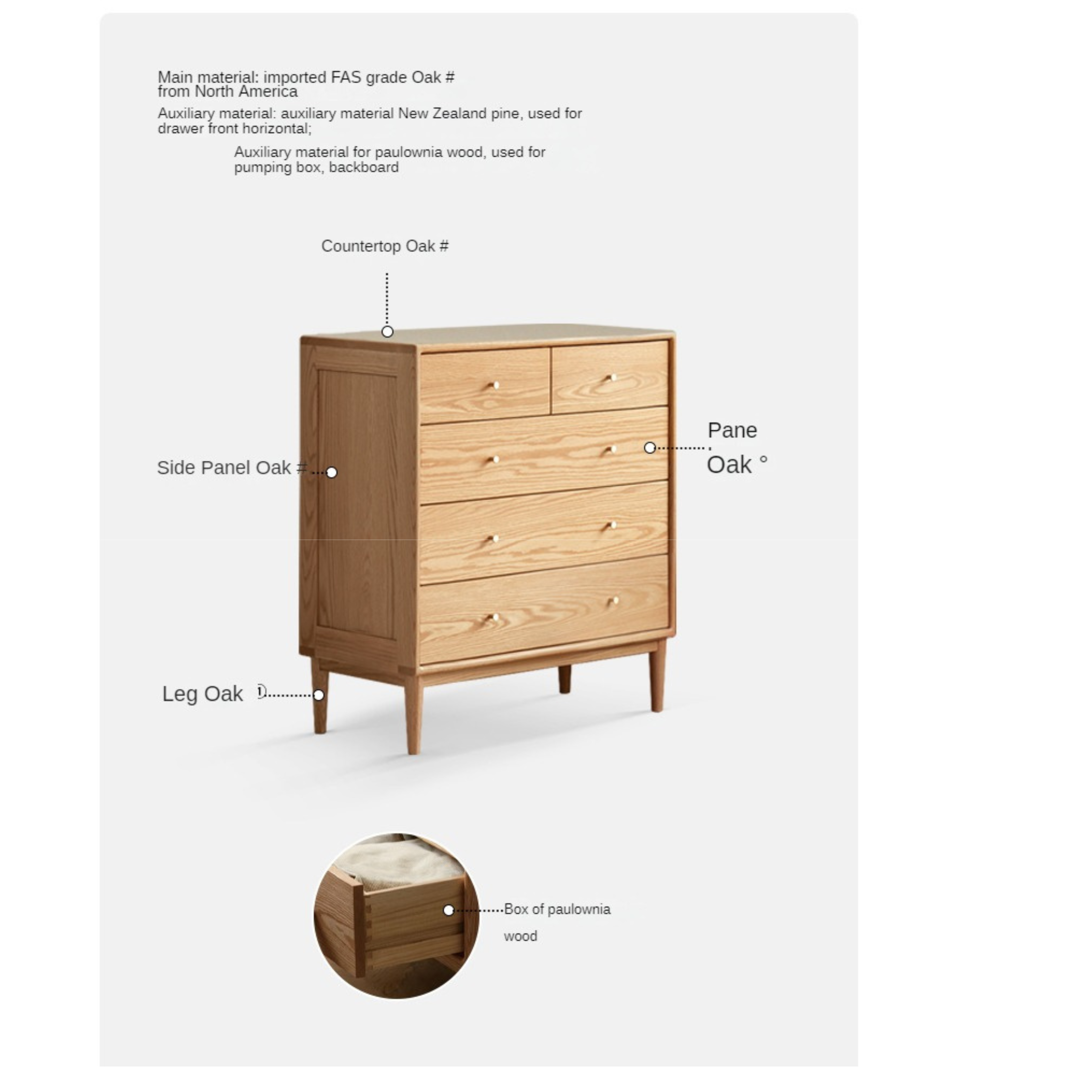 Oak Solid Wood, Solid RubberWood Nordic Chest of Drawers