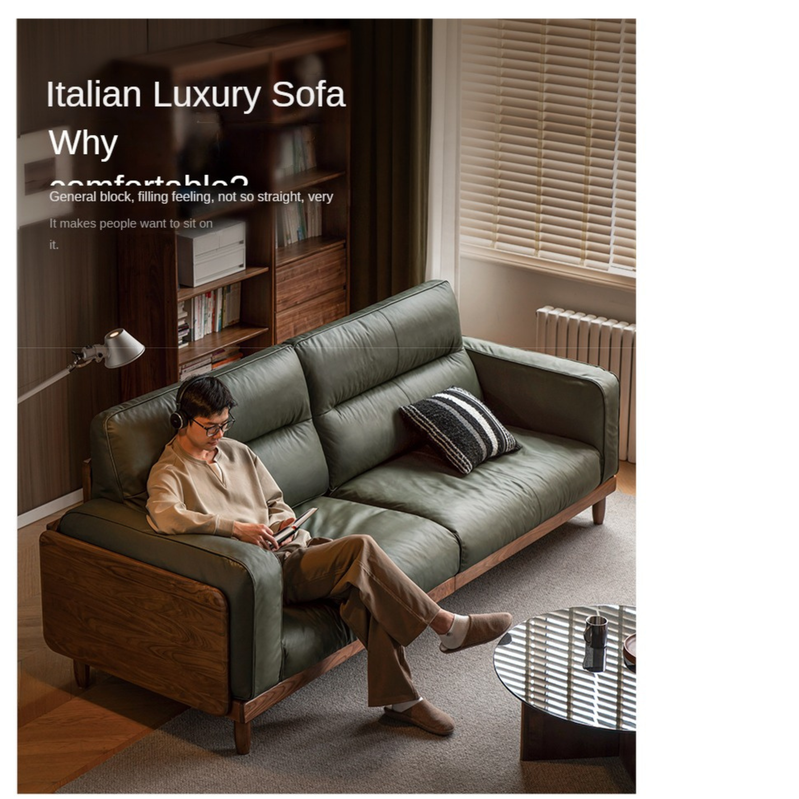 Black Walnut, Ash, Solid Sandalwood Wood Leather Top Layer Yellow Cowhide Sofa.