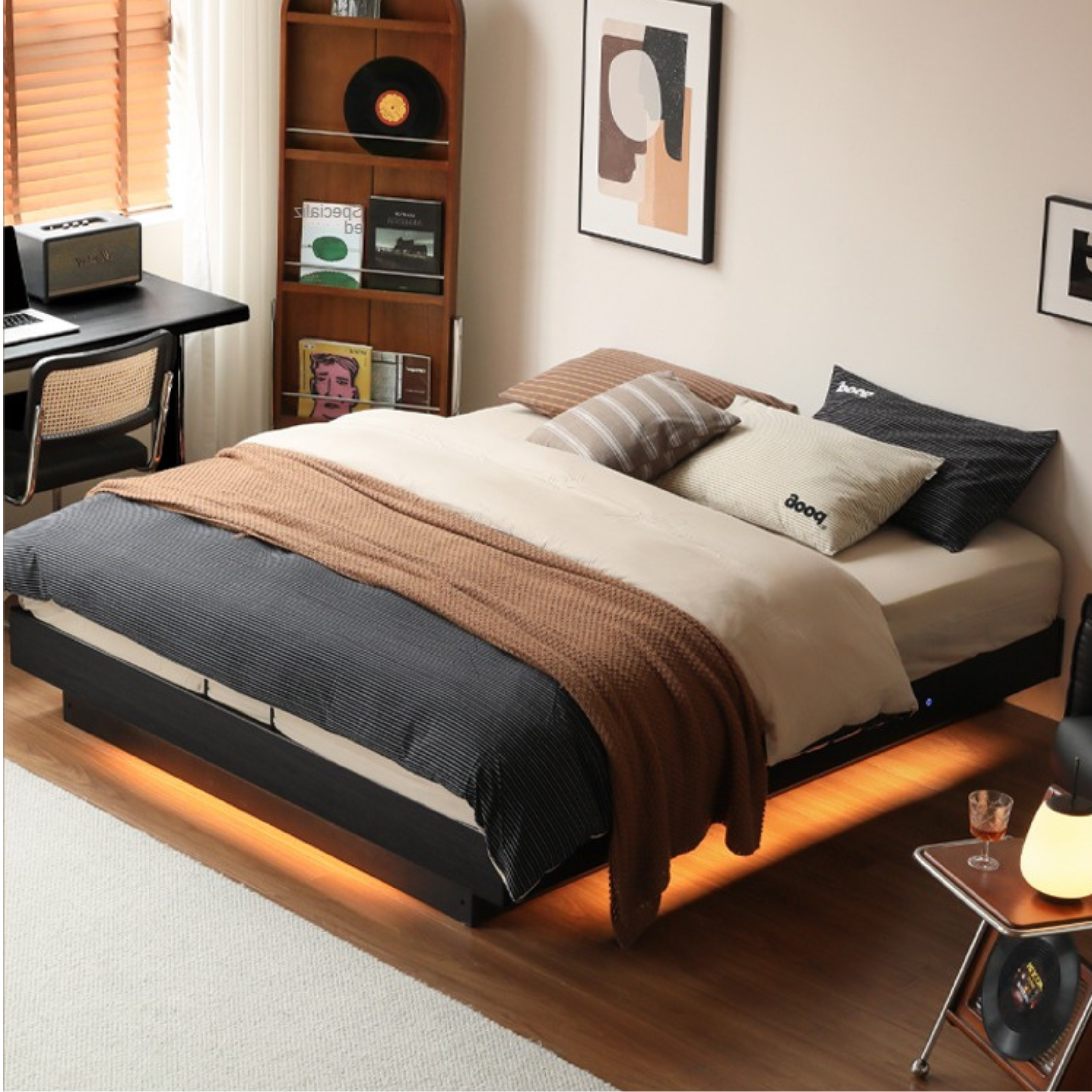 Oak Solid Wood Suspended Box Platform Bed, Headboard-Free Bed.