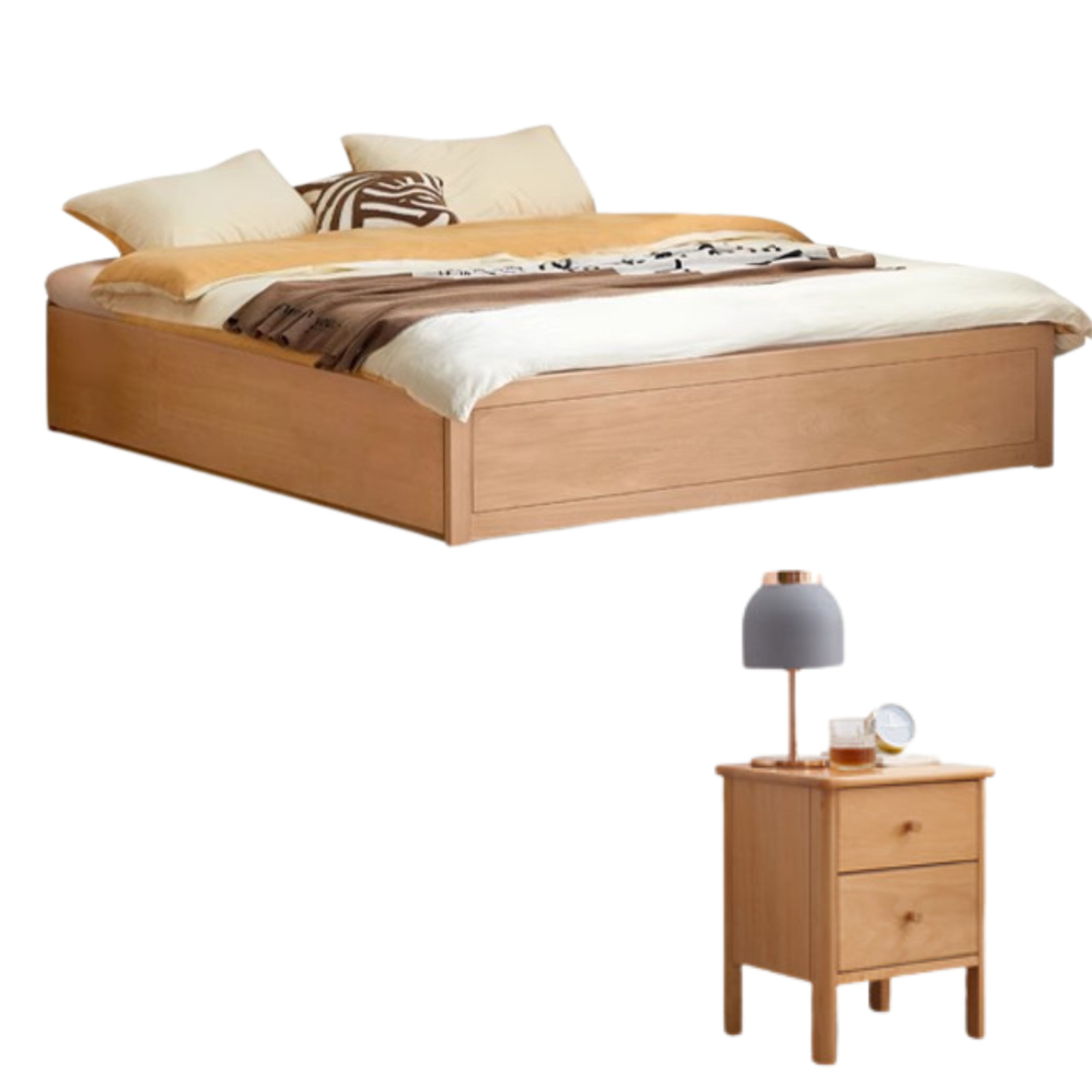 European Beech solid wood platform bed, headboard-free bed with drawer box bed.