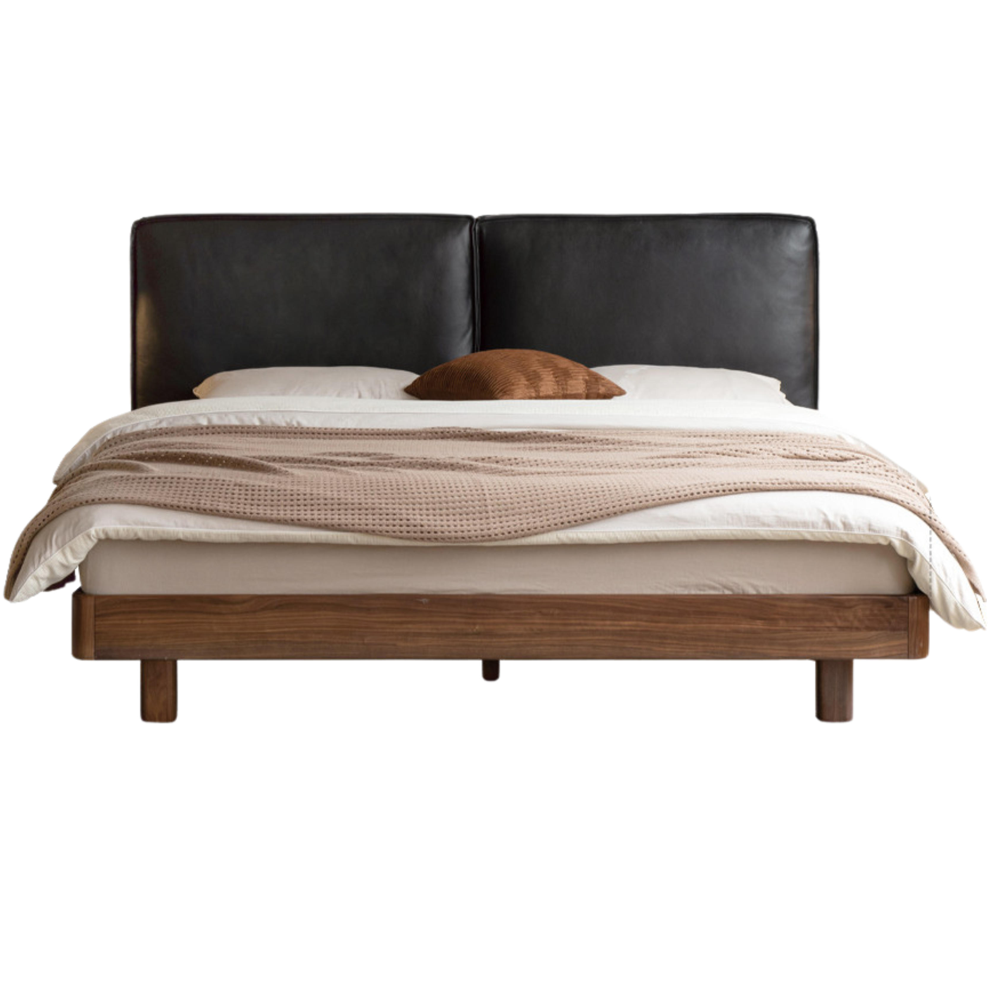 Teak, Black Walnut Solid Wood Genuine Leather Suspended Bed with Light