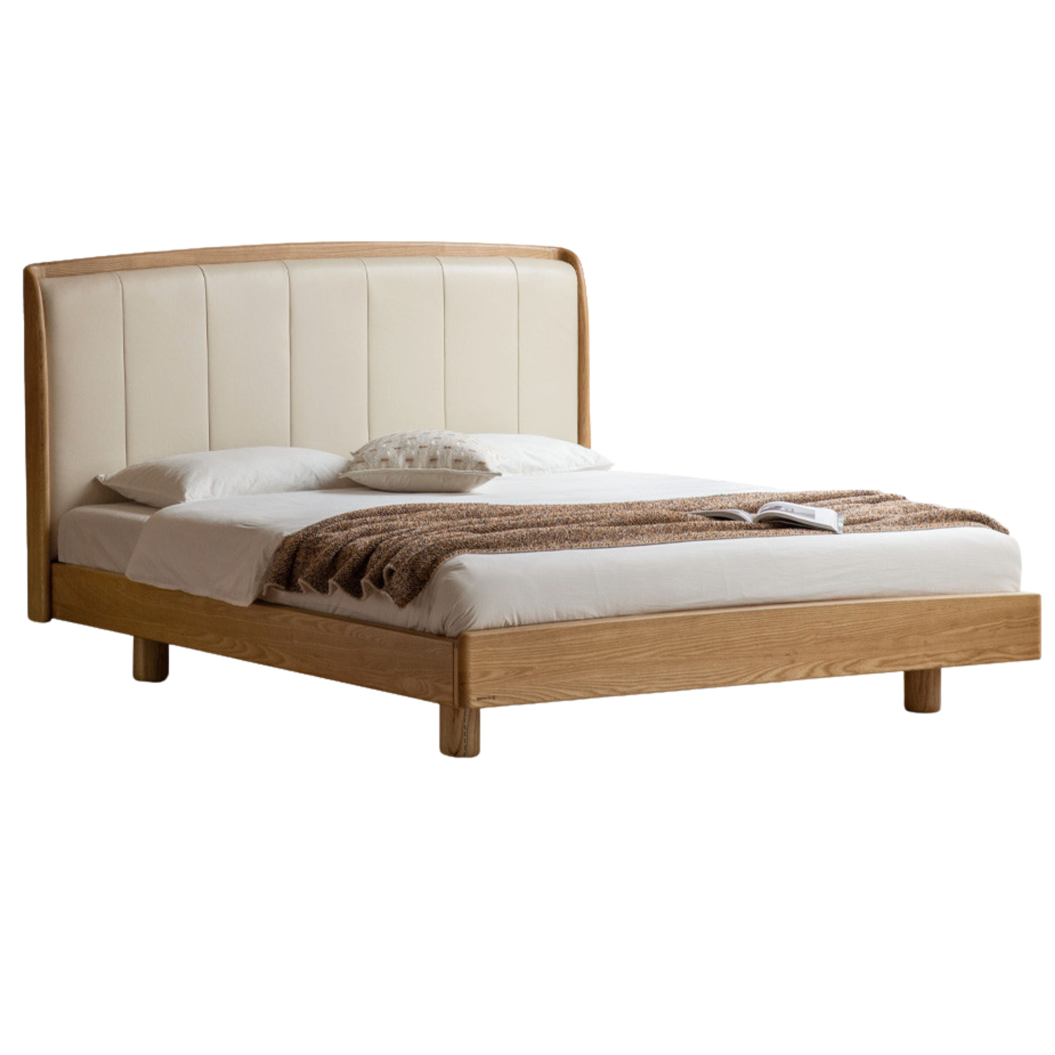 Ash Solid Wood Genuine Leather High Soft Back Bed