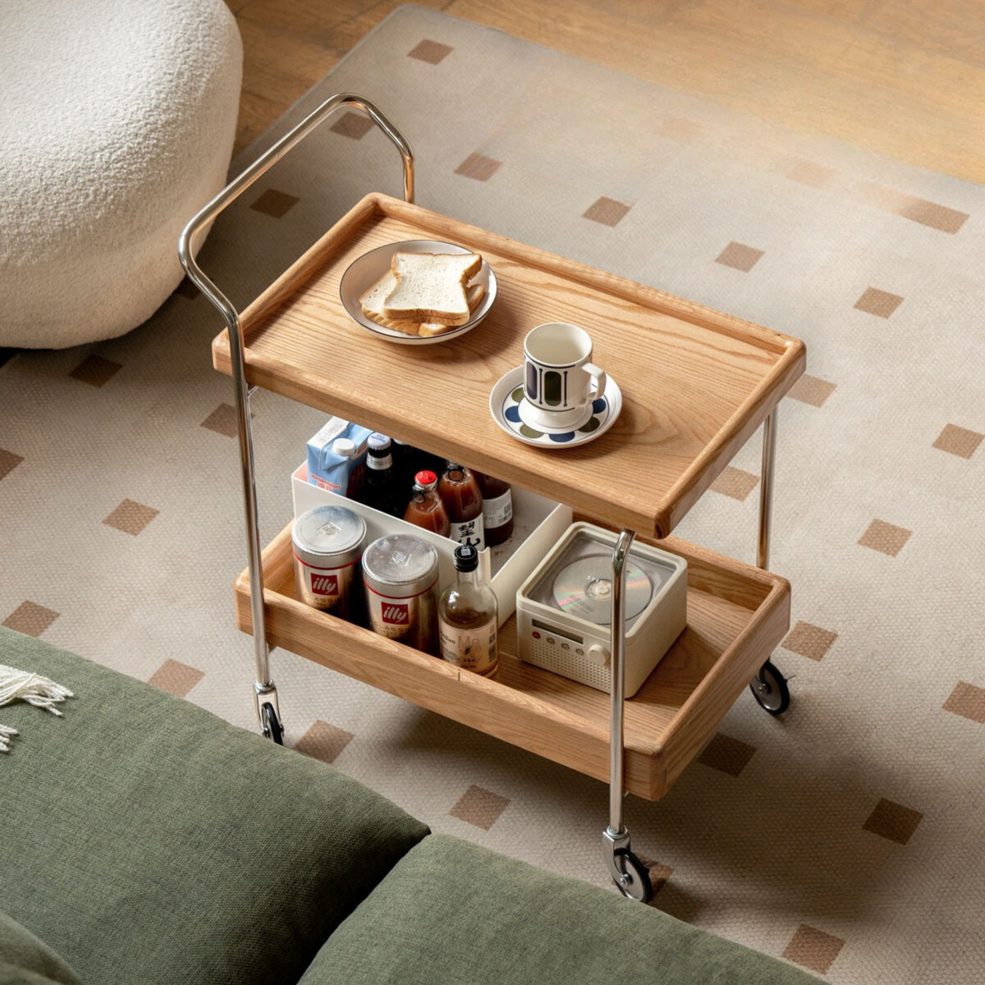 Oak, Poplar, Cherry Solid Wood Double Layer Mobile Side Table