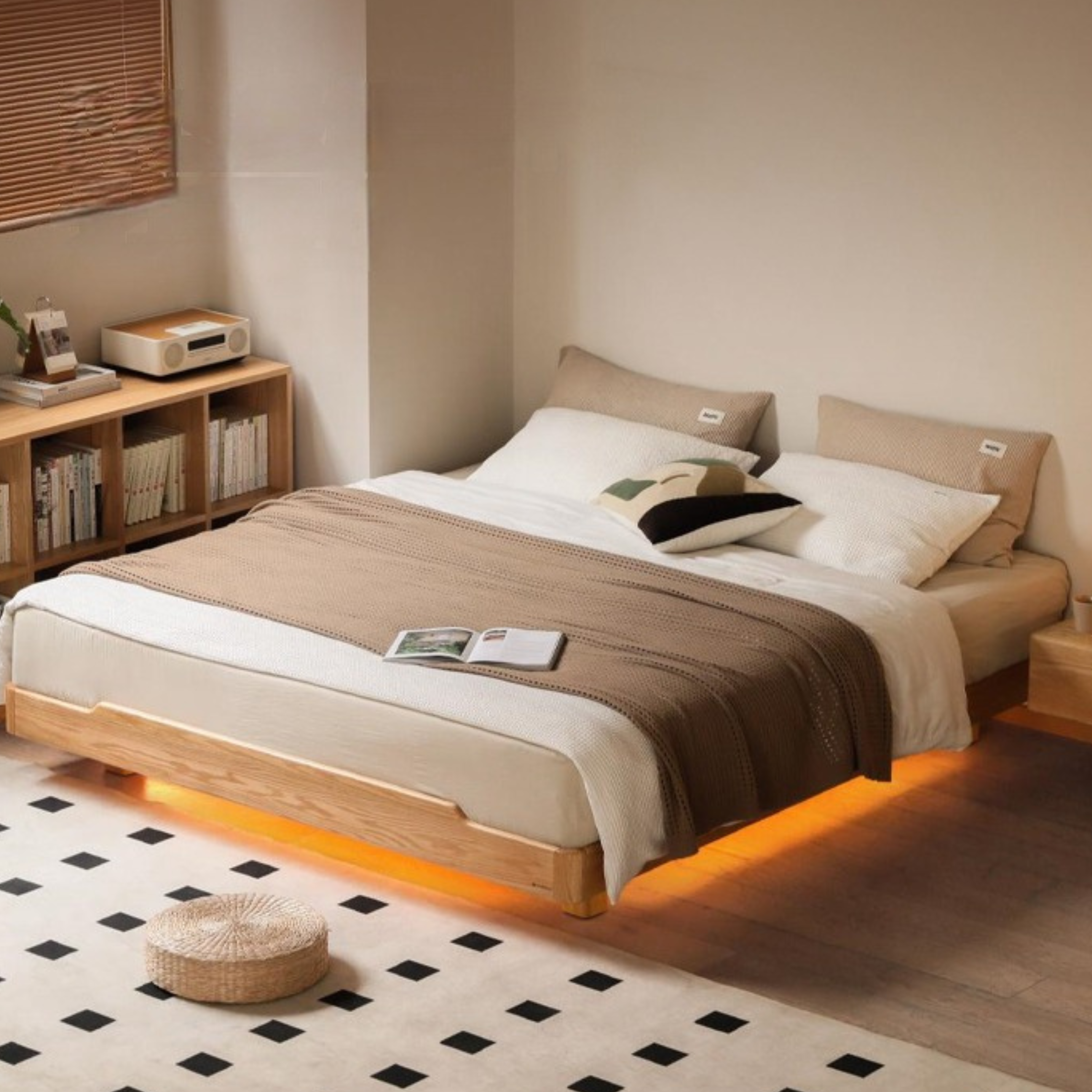 Oak solid wood Suspended platform bed, headboard-free bed with light