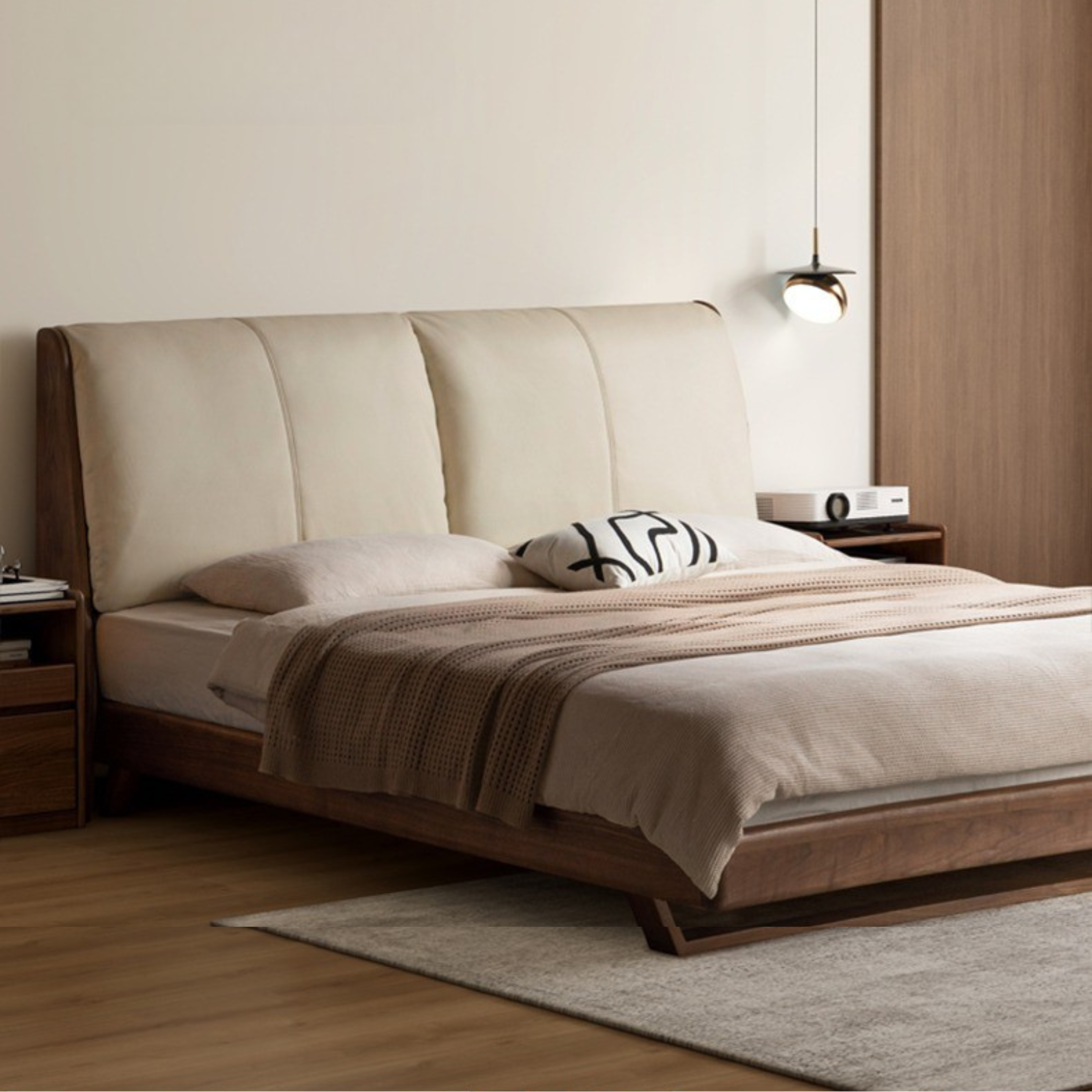 Black Walnut Solid Wood Genuine Leather Soft Bed Italian Light Luxury