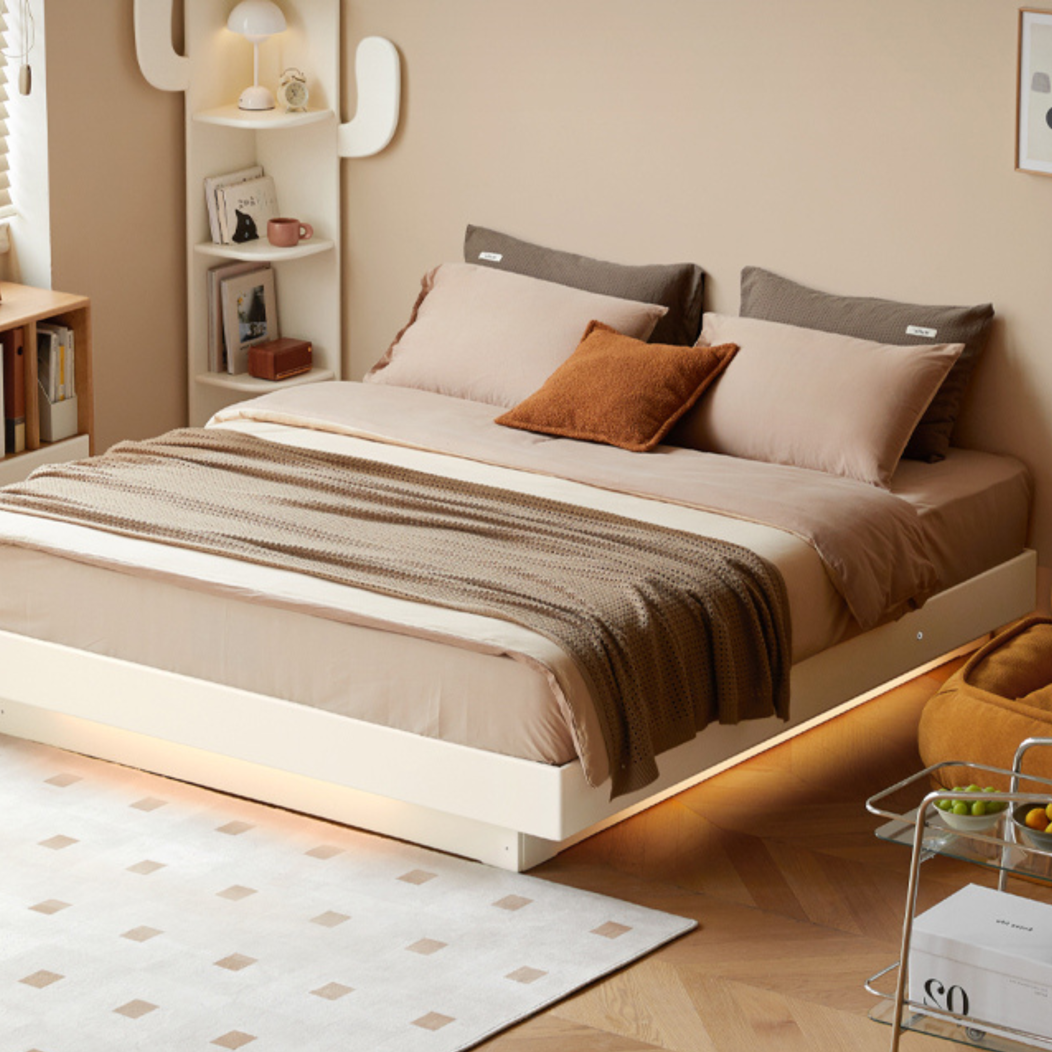 Rubber Solid Wood Suspended Box Platform Bed, Headboard-Free Bed.