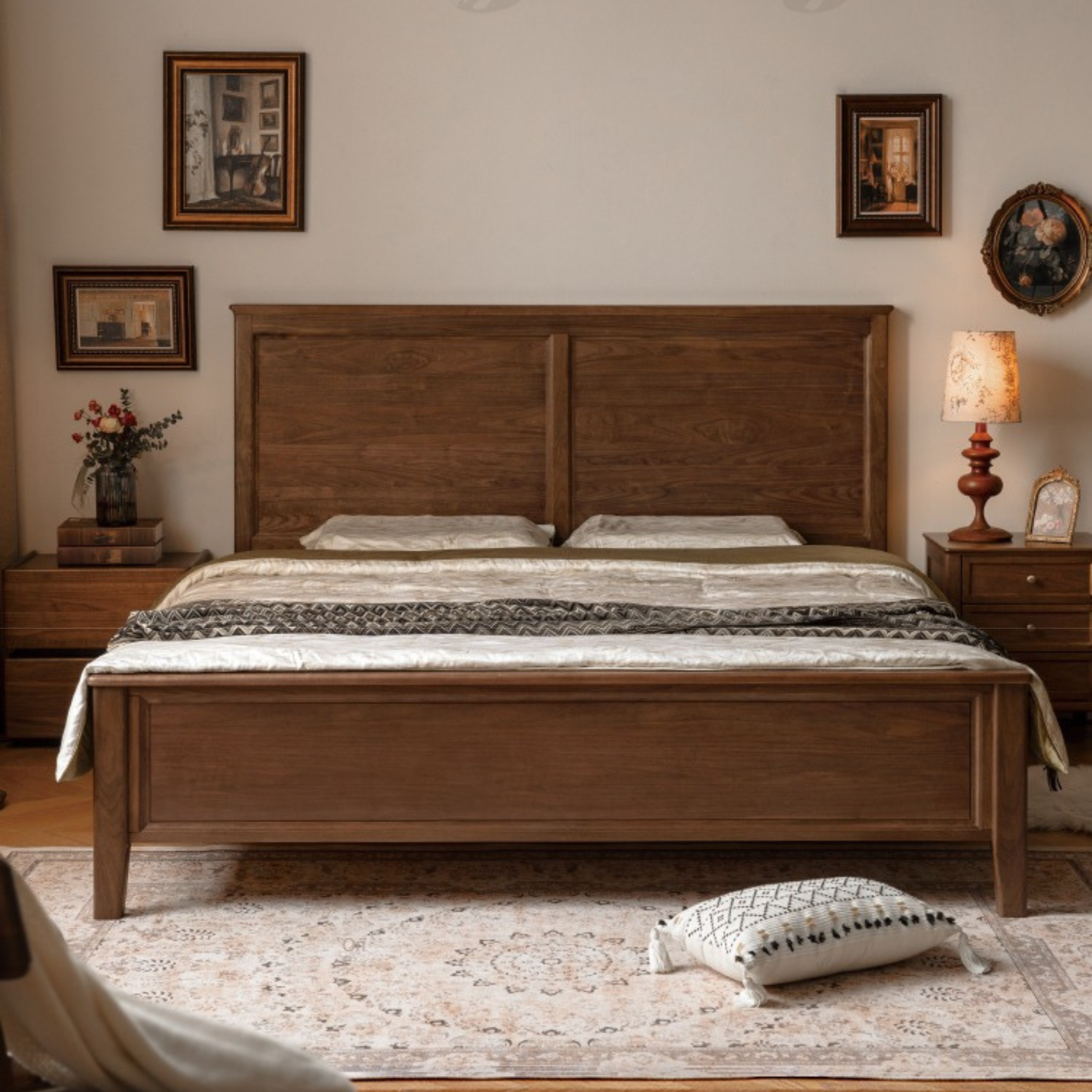 Black Walnut, Poplar Solid Wood American Retro Bed