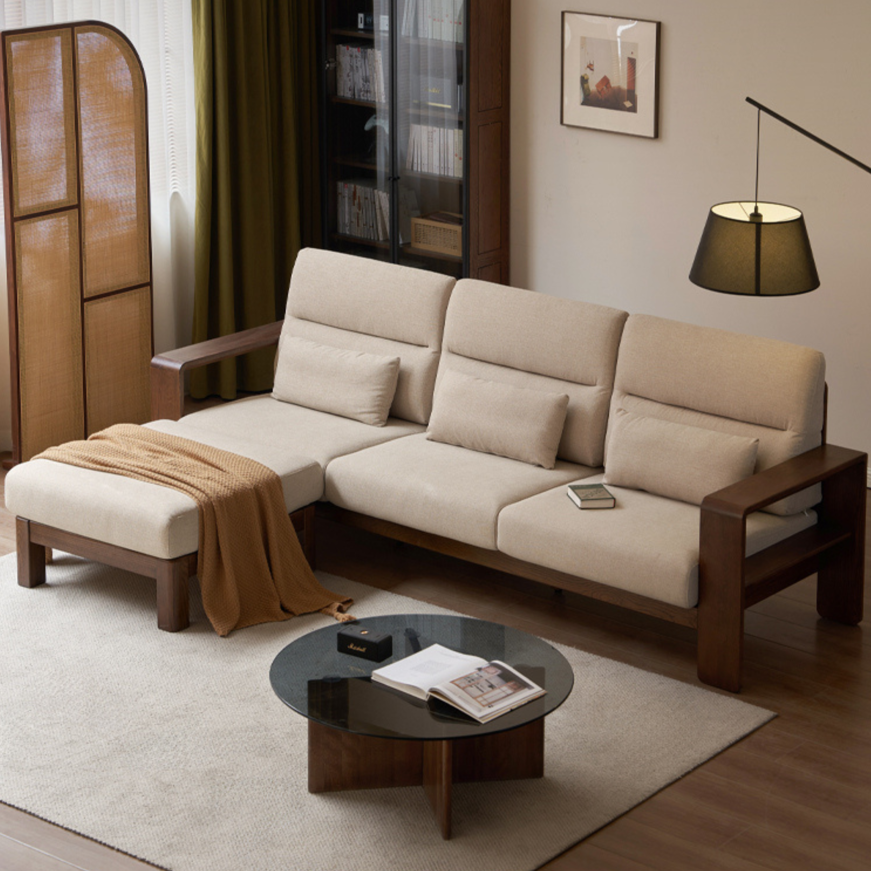 Oak Solid Wood High Back Fabric Corner Sofa Modern