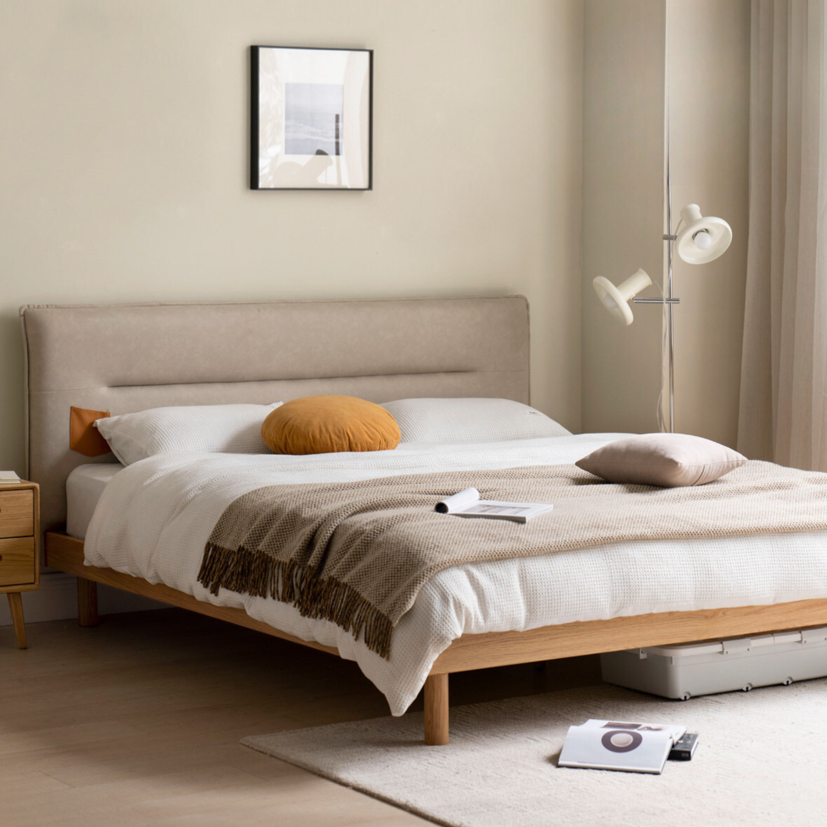 Oak Solid Wood Fabric Nordic Bed