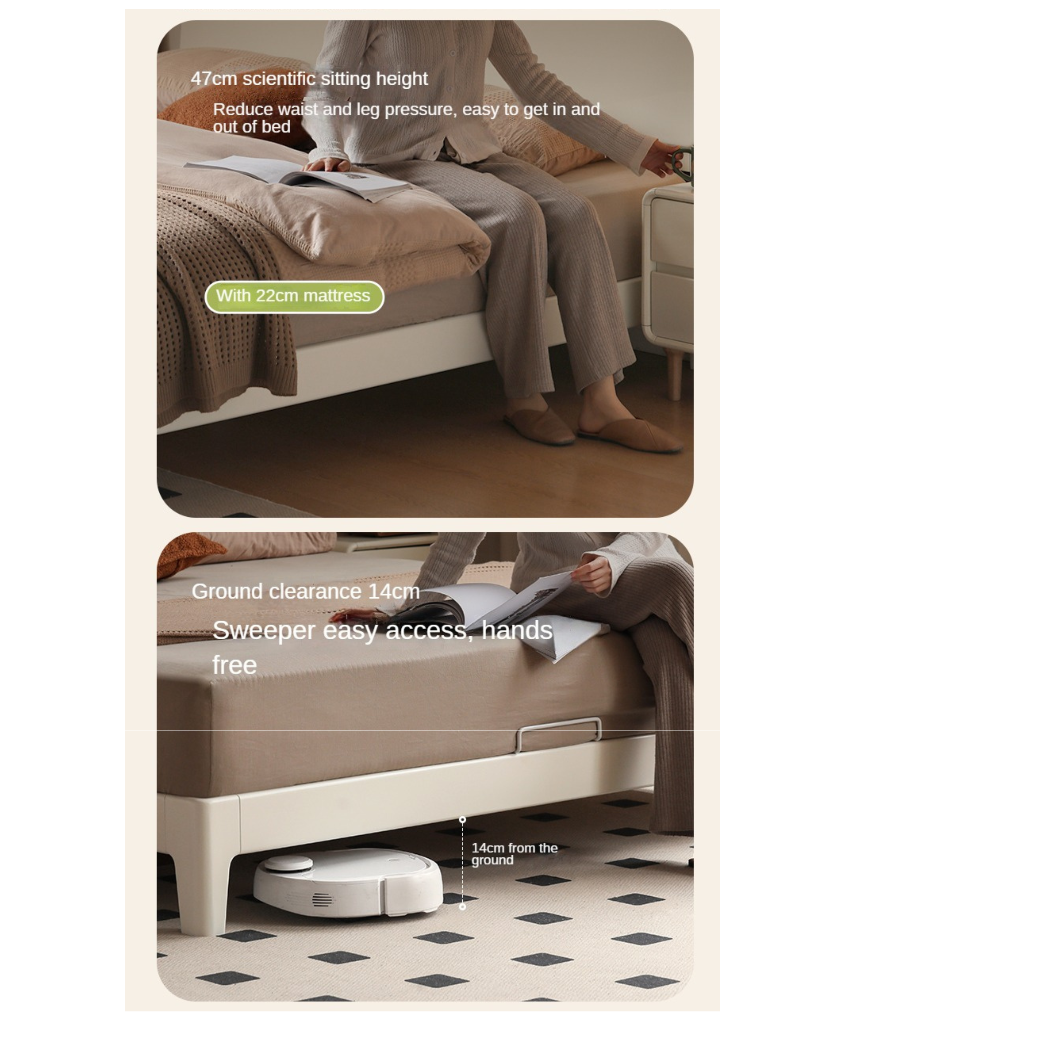 Poplar, Rubberwood Solid Wood Bed Modern Simple Cream Style