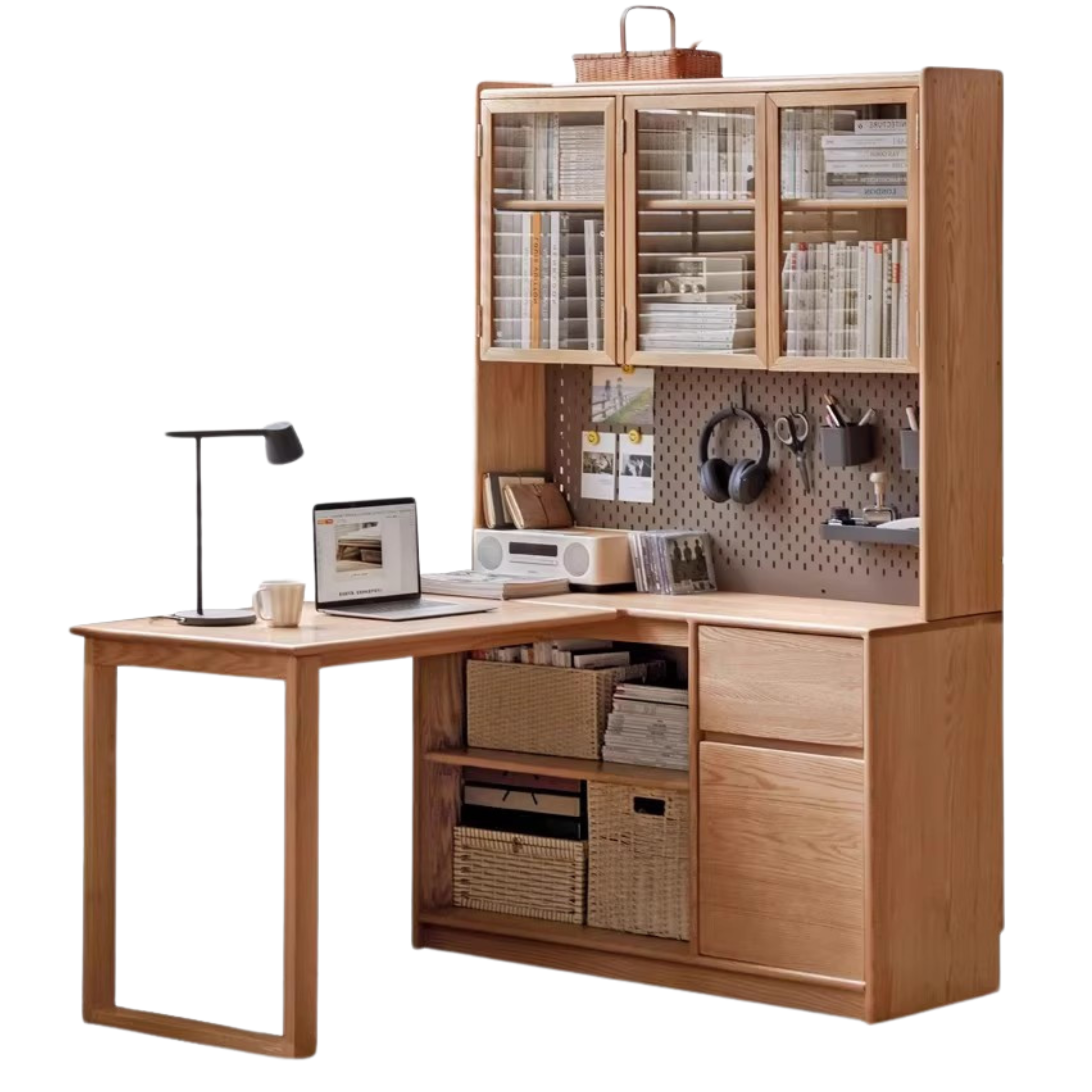 Oak Solid Wood Desk Bookcase Integrated Corner Office Table