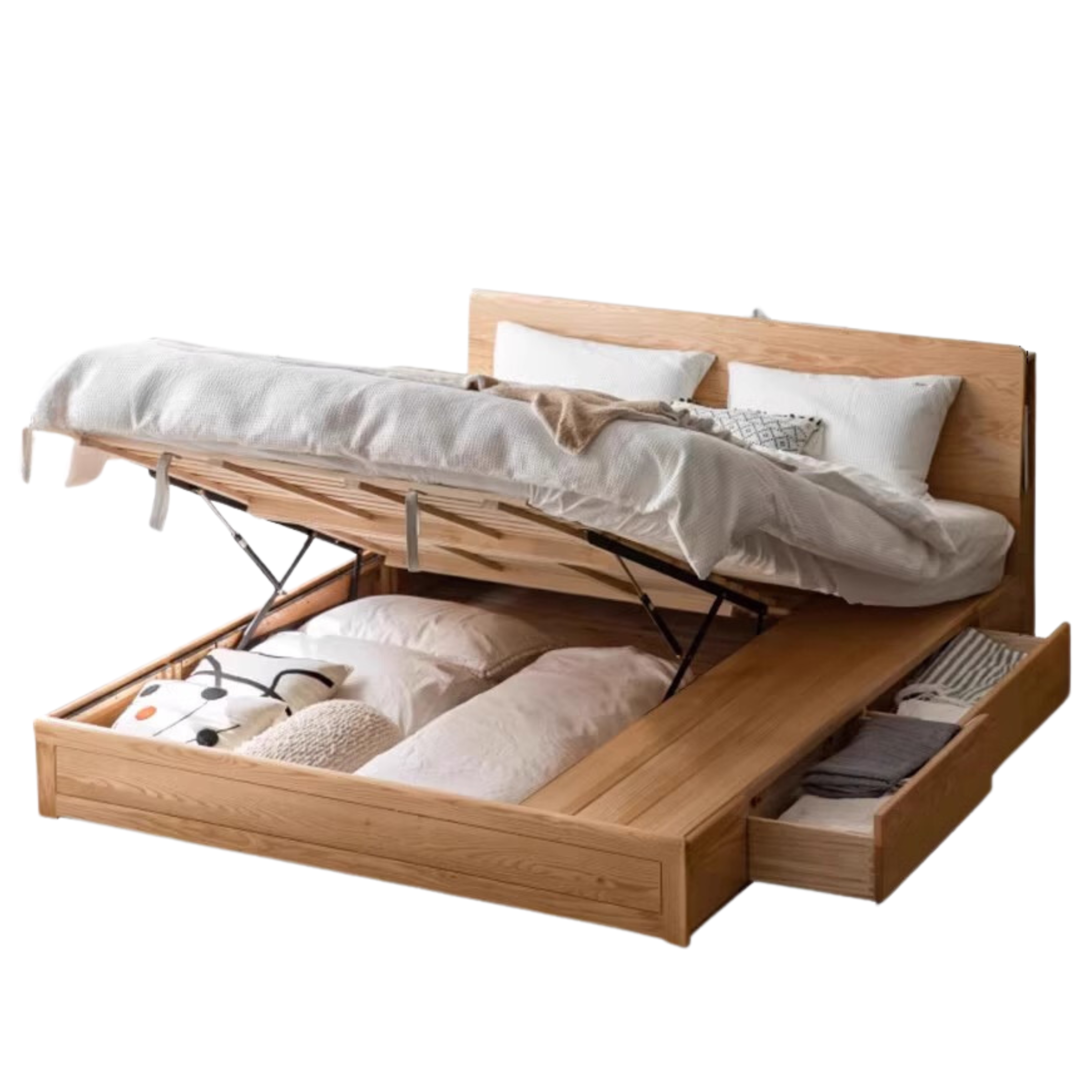 Oak Solid Wood Box Bed with Light And Bookshelf