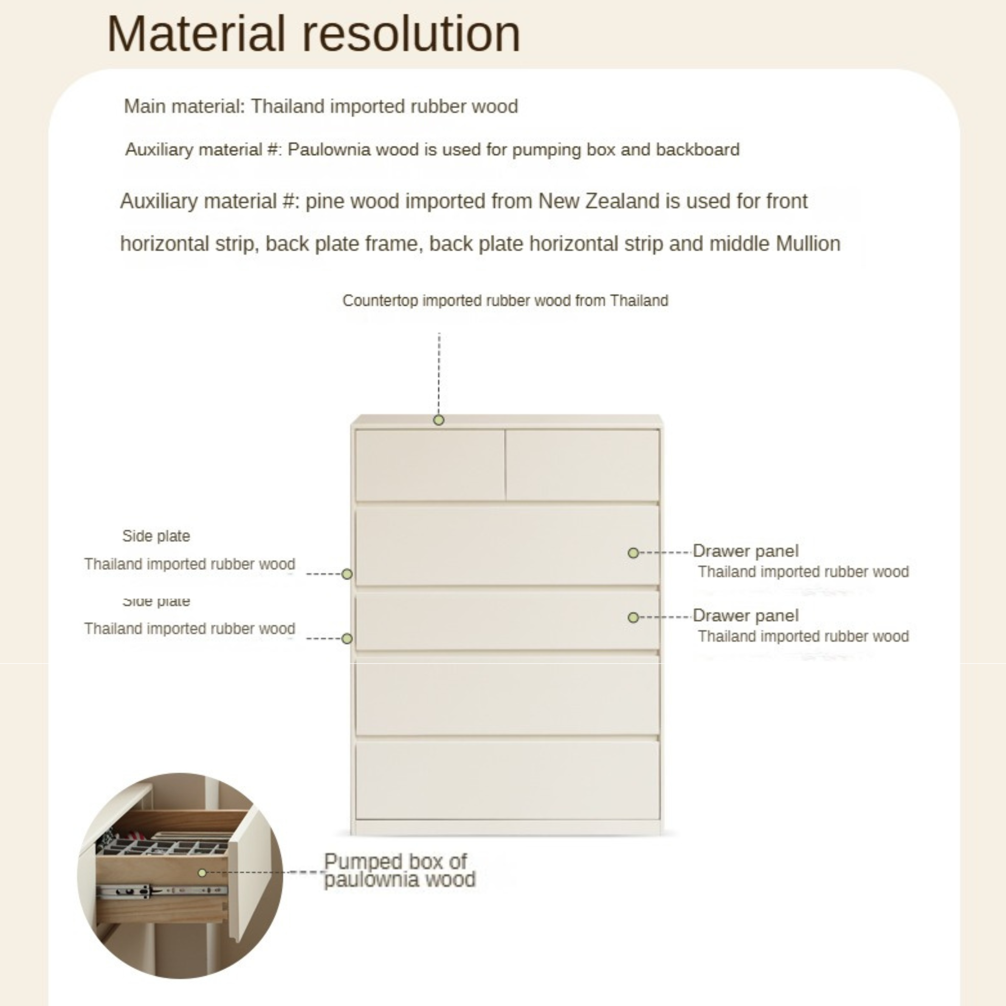 Solid Rubberwood Cream Style Chest of Drawers