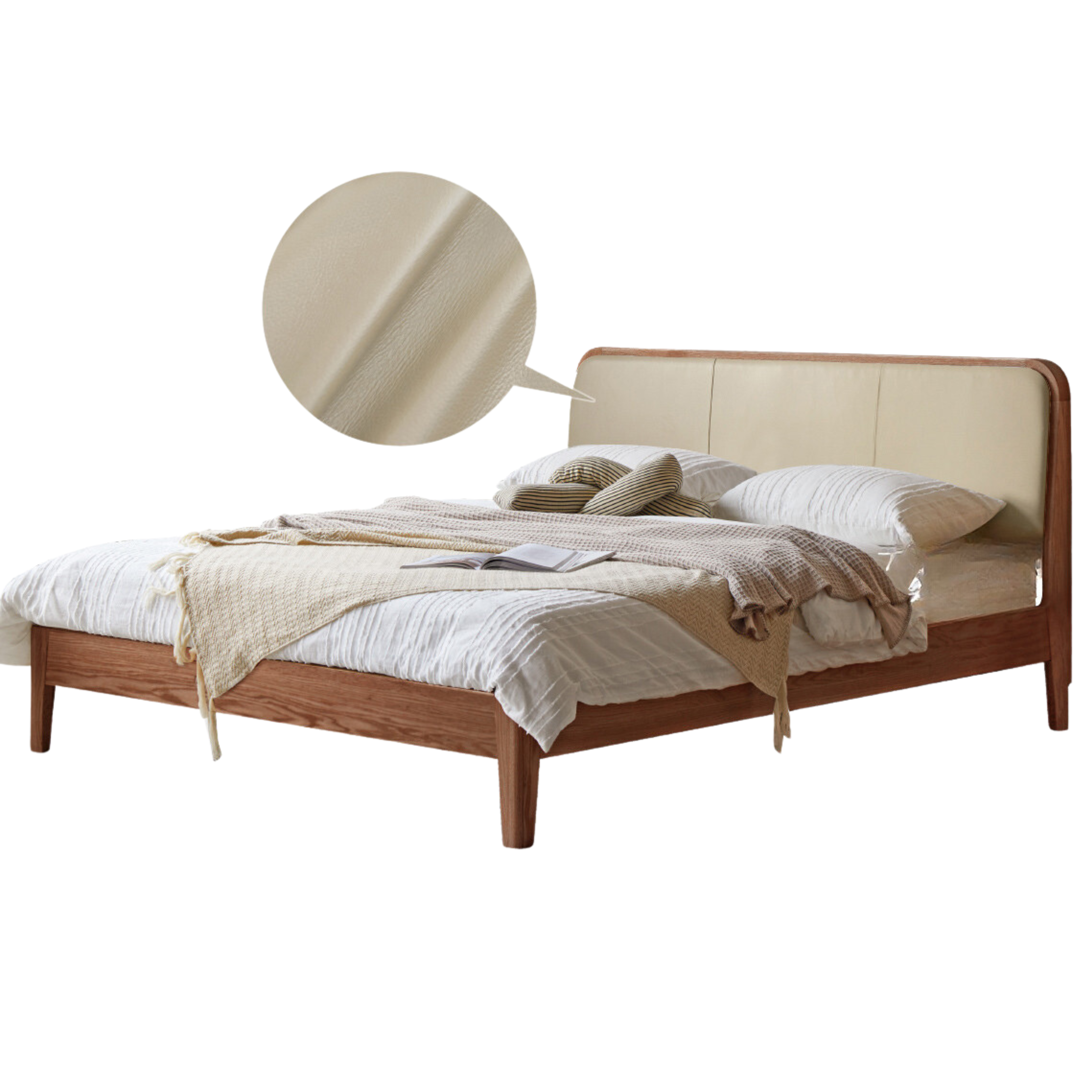 Oak Solid Wood Bed Modern Genuine Leather,Technology Cloth, Fabric