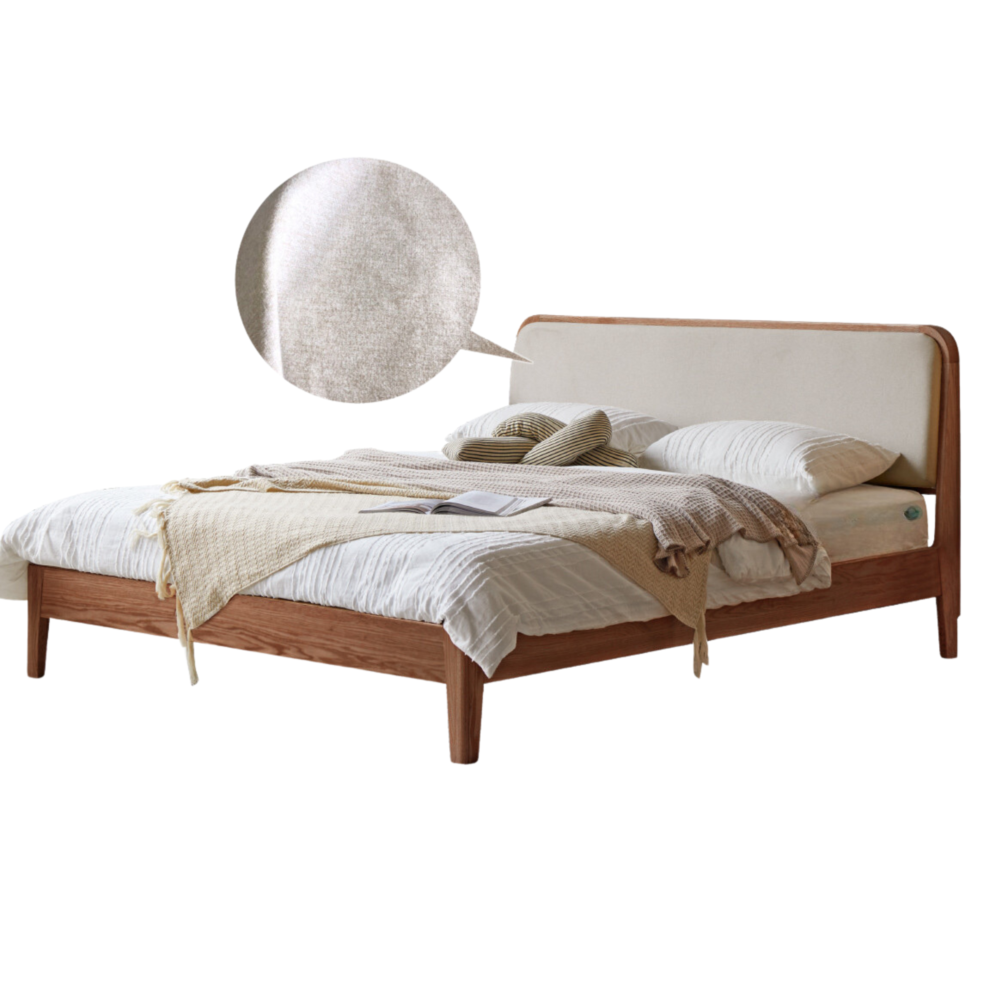 Oak Solid Wood Bed Modern Genuine Leather,Technology Cloth, Fabric