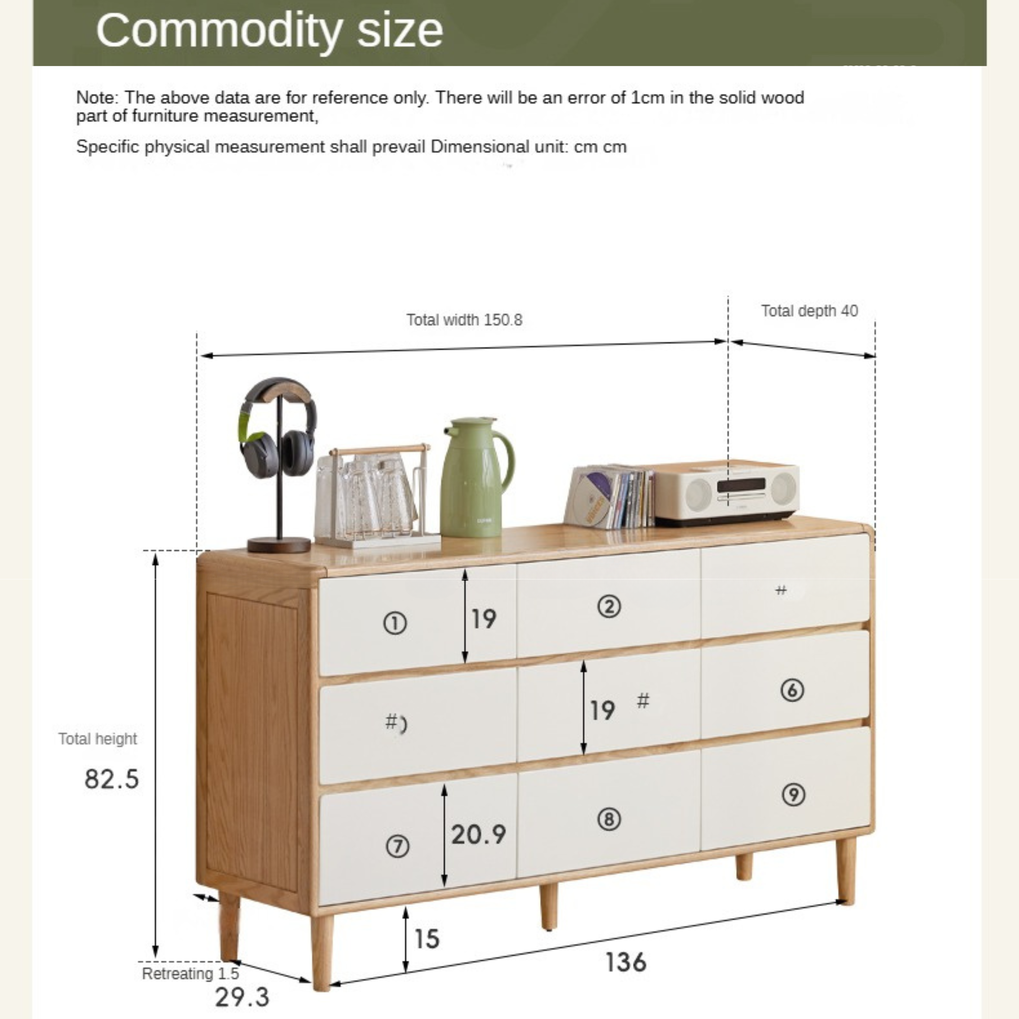 Oak Solid Wood Modern Nine Drawer Cabinet