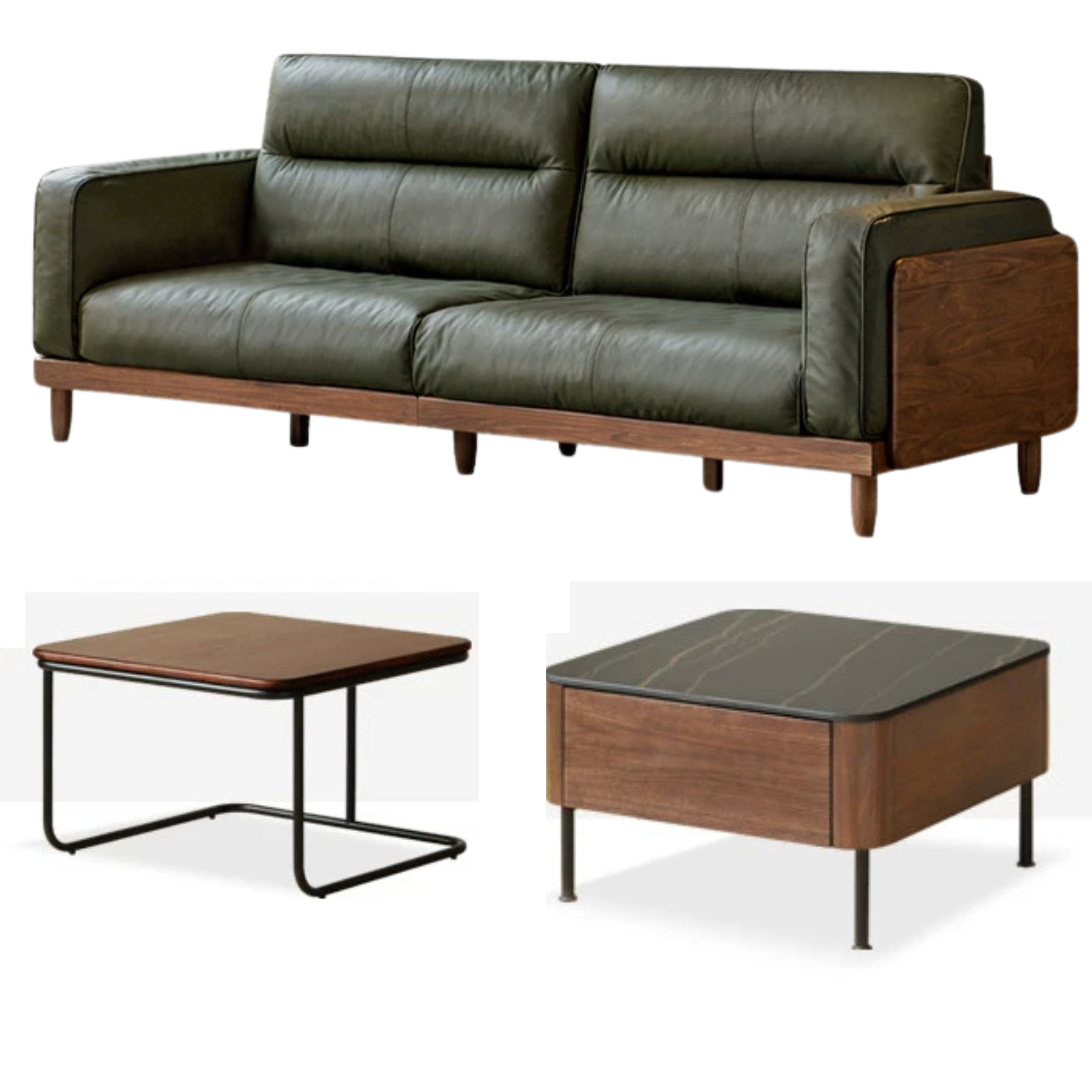 Black Walnut, Ash, Solid Sandalwood Wood Sofa with Genuine Top-Grain Yellow Cowhide Leather,fabrics