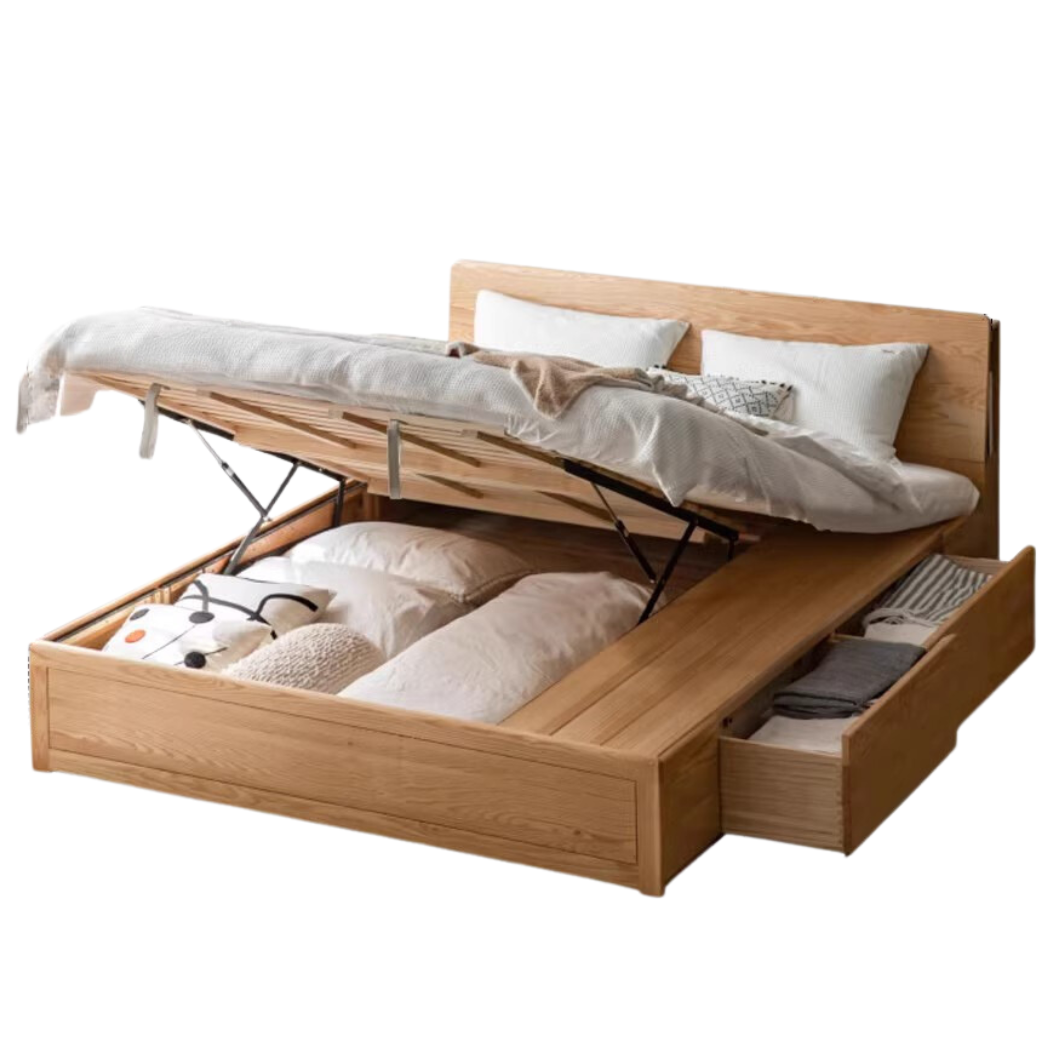 Oak Solid Wood Box Bed with Light And Bookshelf