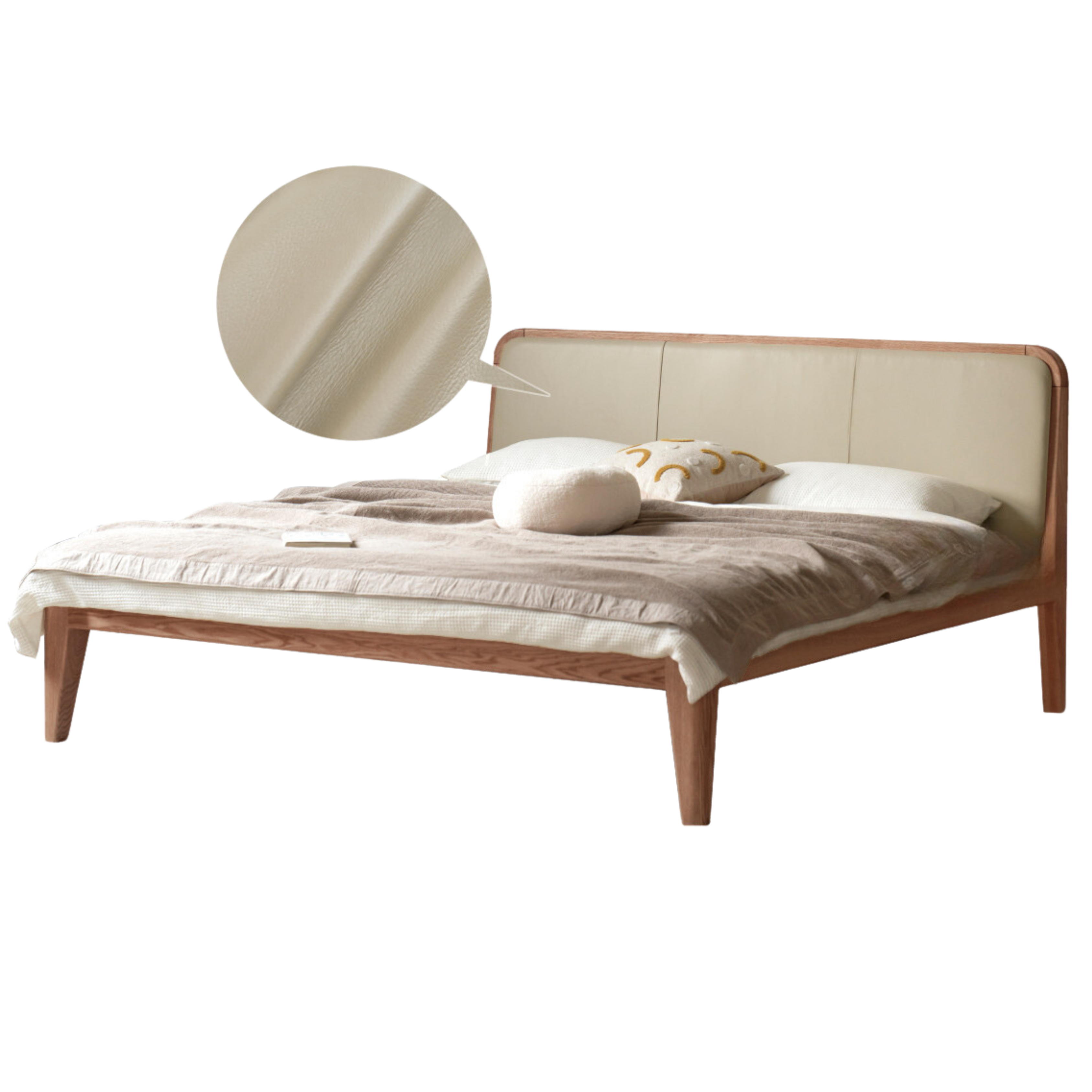 Oak Solid Wood Bed Modern Genuine Leather,Technology Cloth, Fabric
