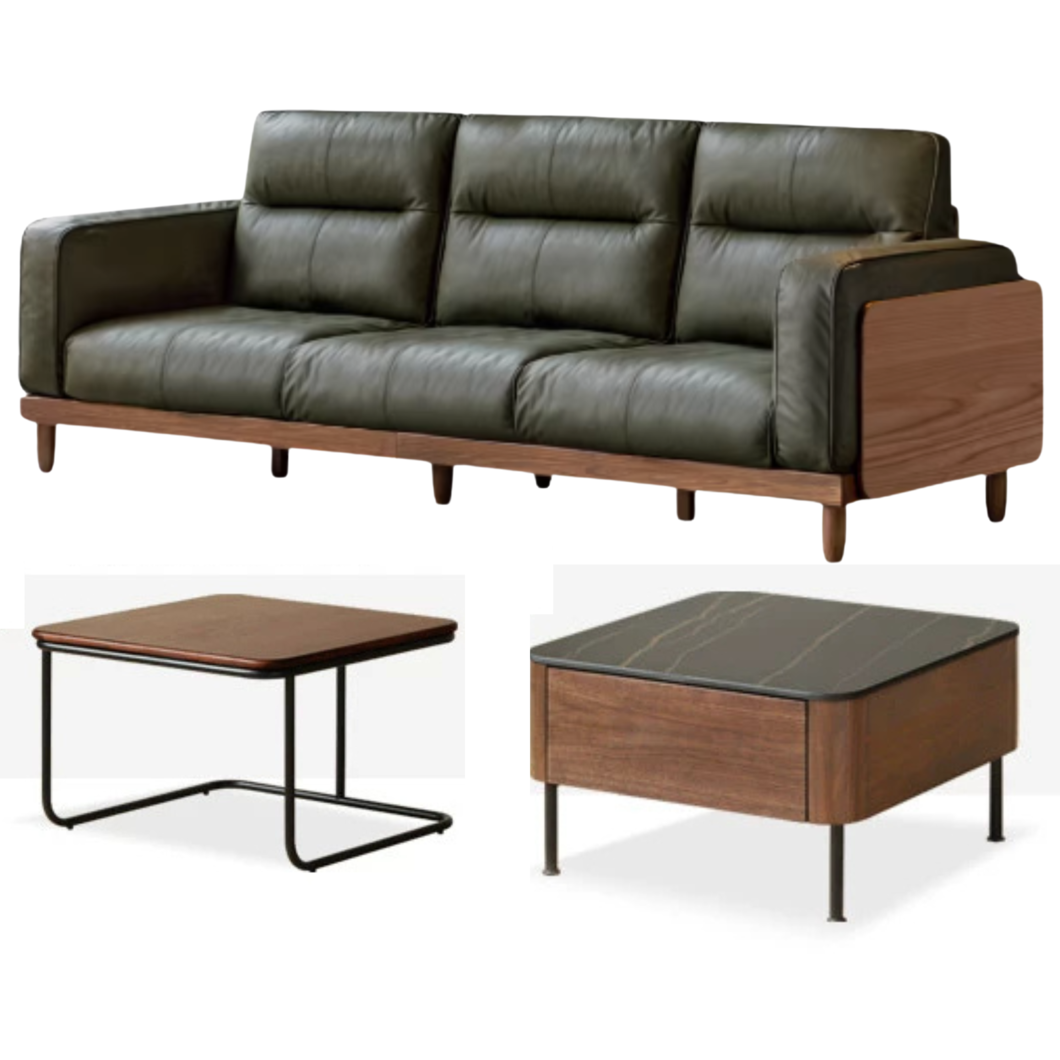 Black Walnut, Ash Solid Wood Leather Top Layer Yellow Cowhide Sofa.