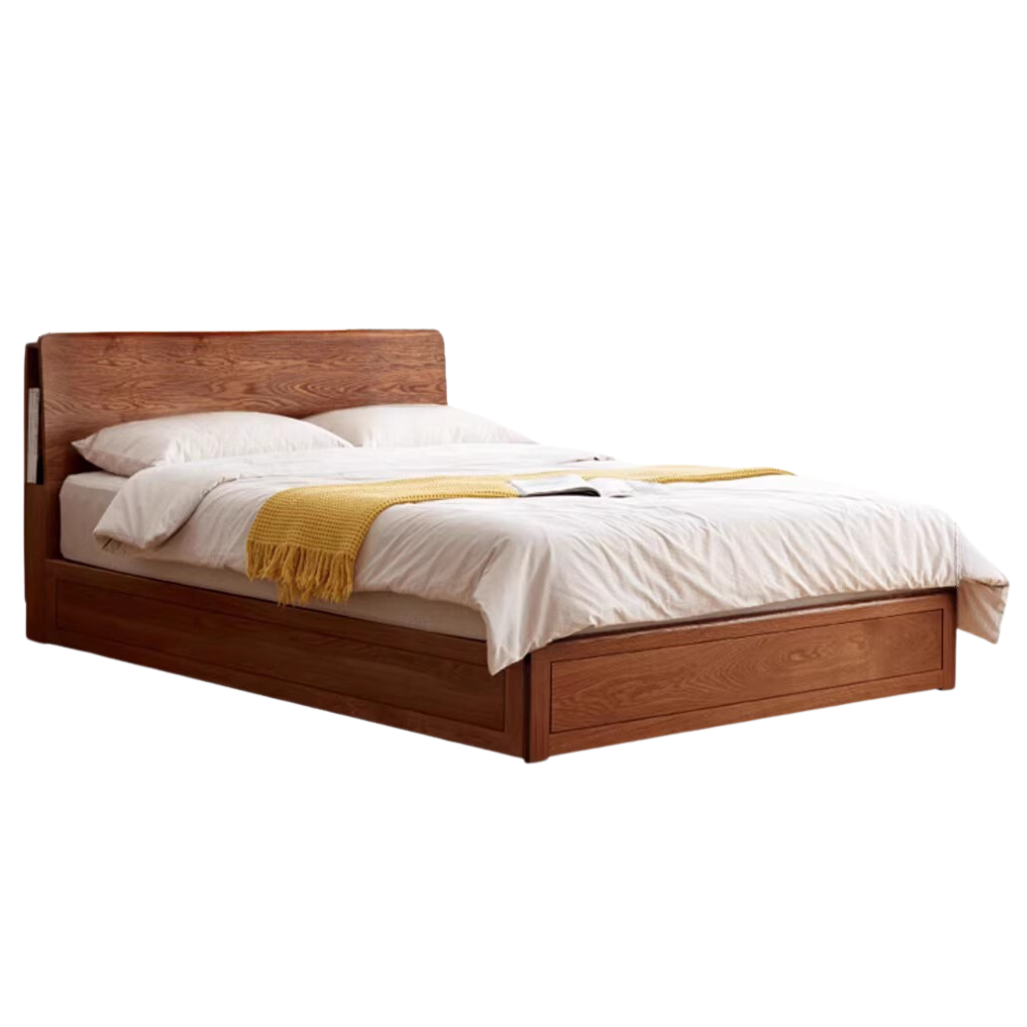Oak Solid Wood Box Bed with Light And Bookshelf