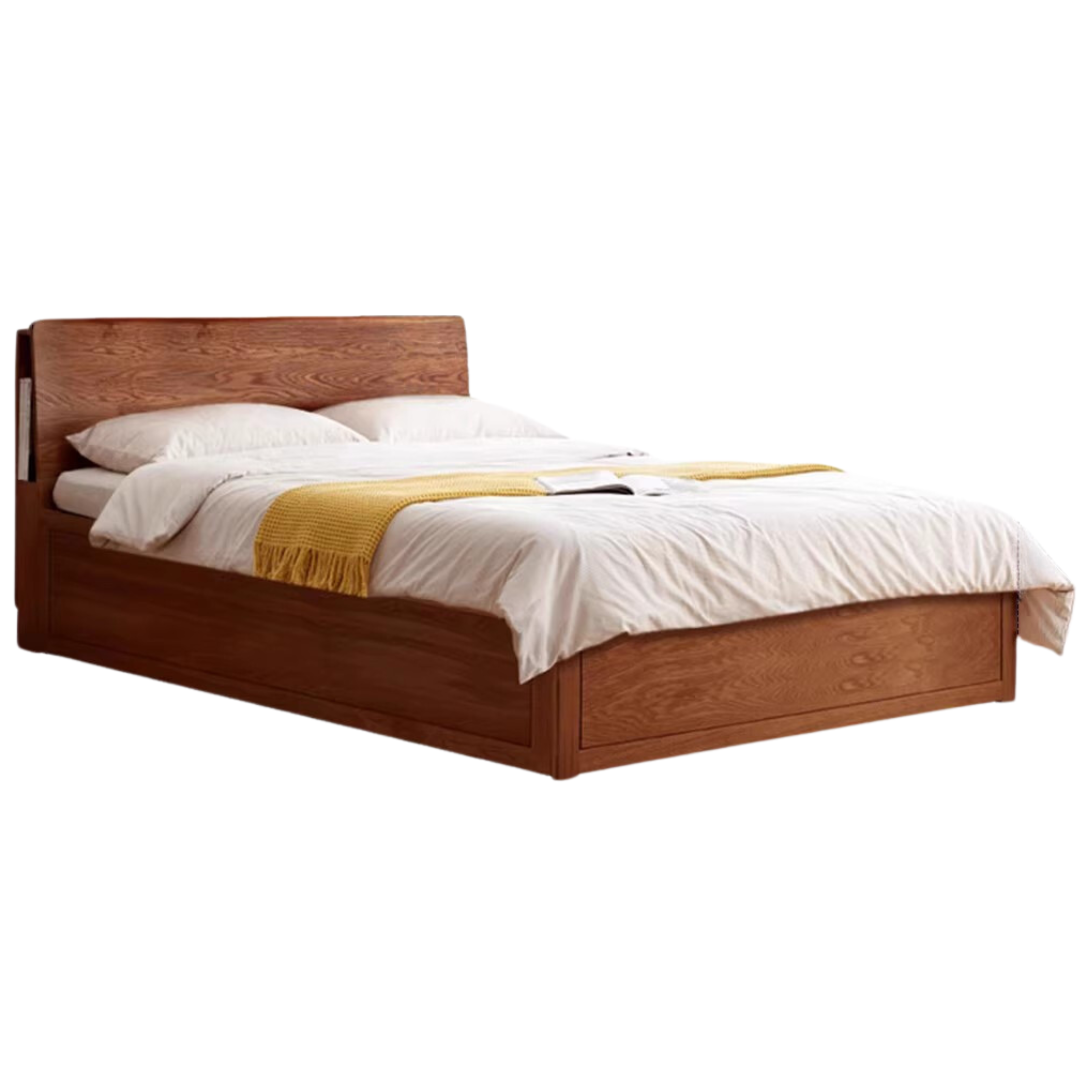 Oak Solid Wood Box Bed with Light And Bookshelf