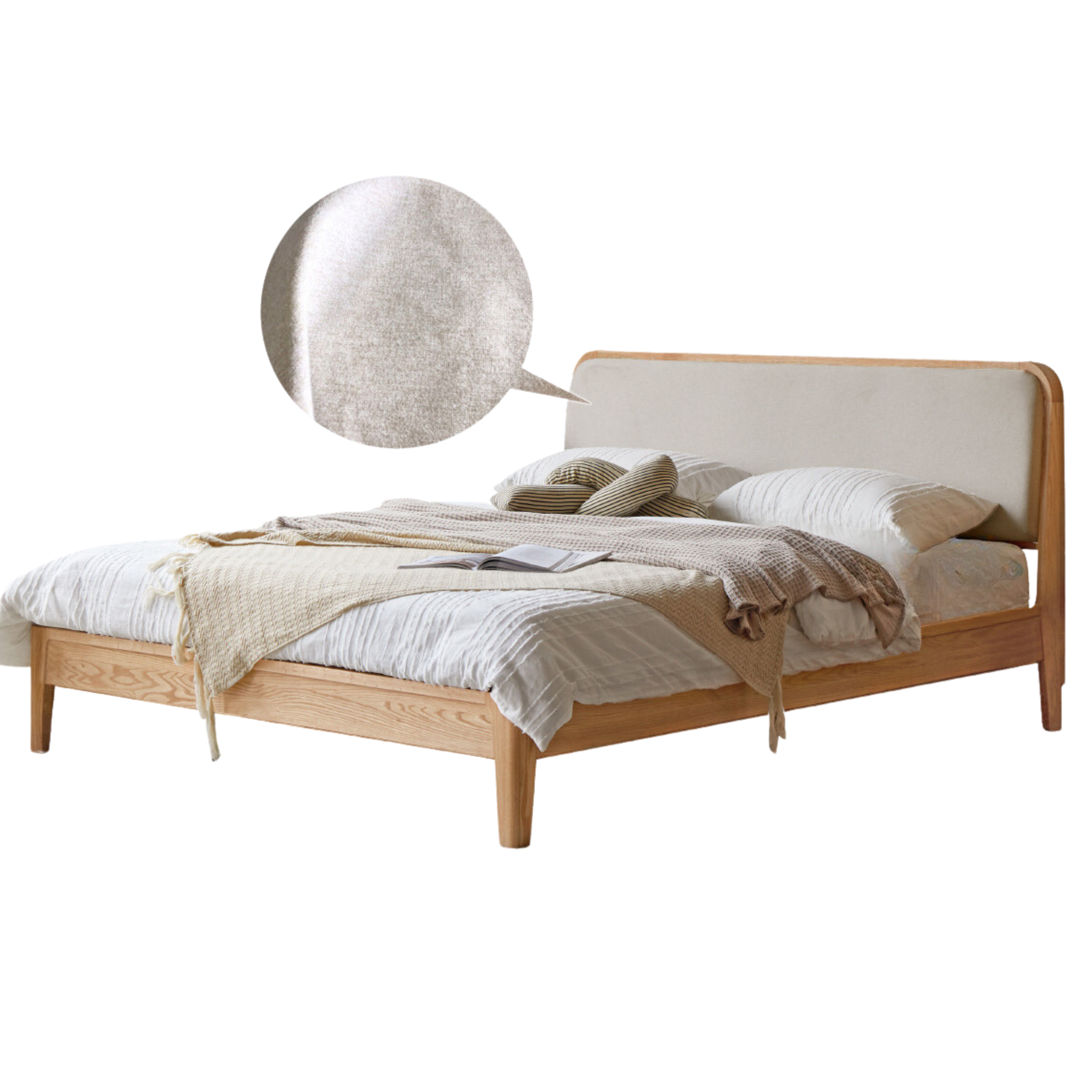 Oak Solid Wood Bed Modern Genuine Leather,Technology Cloth, Fabric