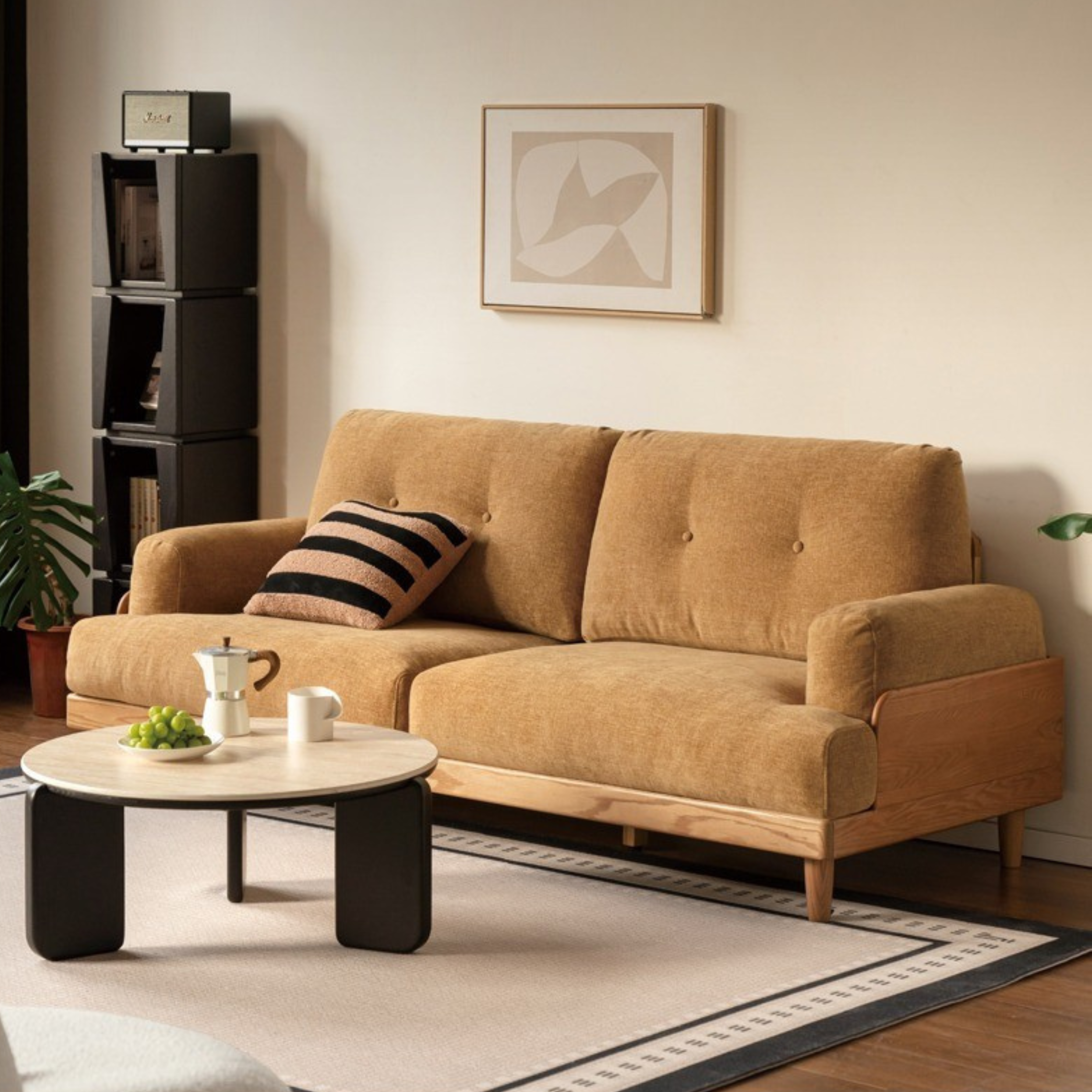 Oak Solid Wood Leather, Fabric High Back Sofa