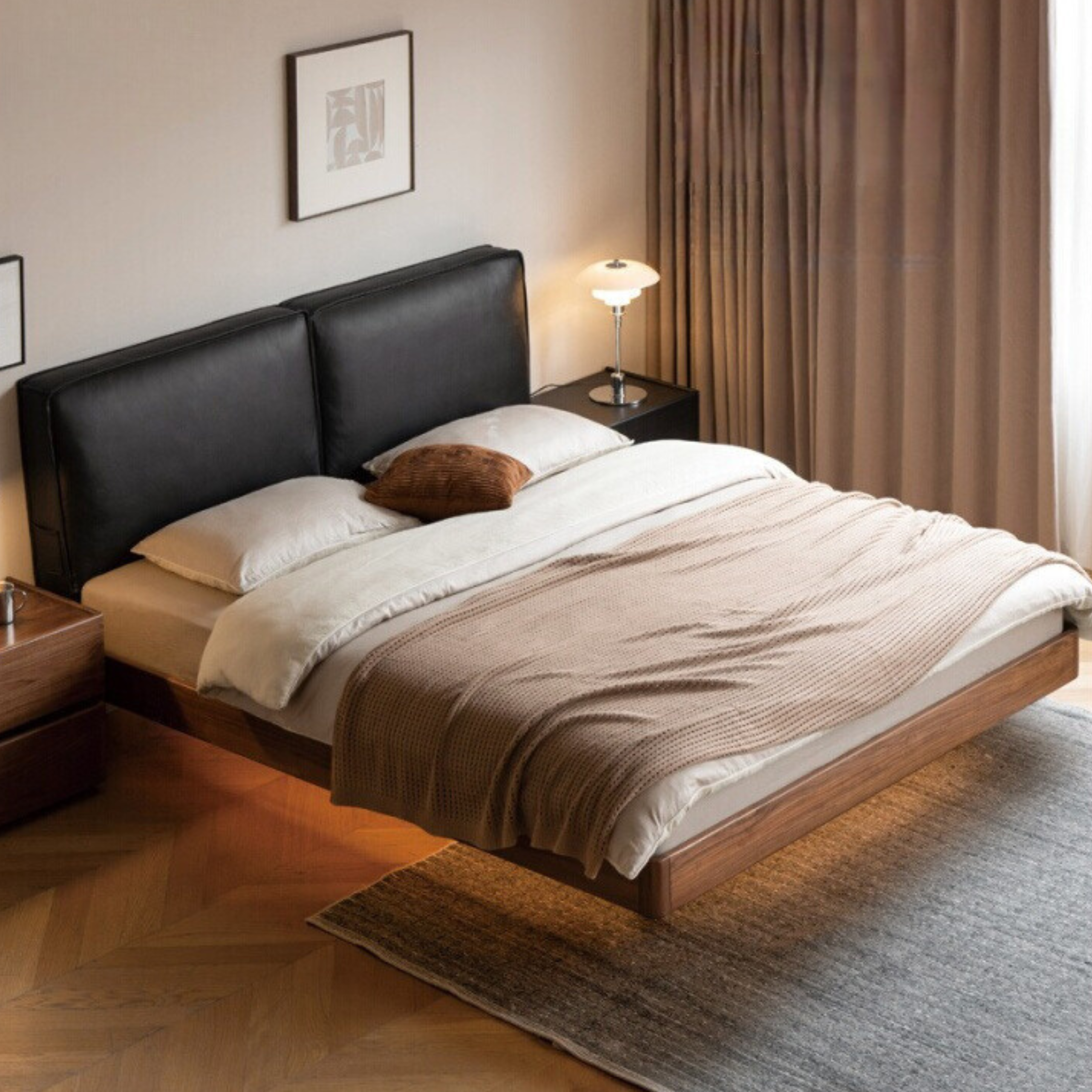 Teak, Black Walnut Solid Wood Genuine Leather Suspended Bed with Light